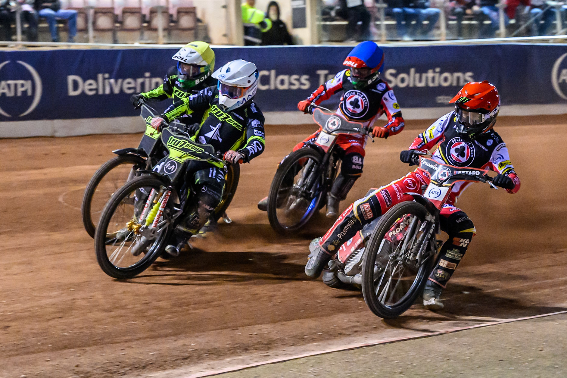 Dan Bewley of Belle Vue Aces  in Red on the inside of Emil Sayfutdinov of Ipswich Witches in White, Jason Doyle of Ipswich Witches  in Yellow and Brady Kurtz of Belle Vue Aces  in Blue in the super heat after the teams drew 45 all after 15 heats during the Rowe Motor Oil Premiership match between Belle Vue Aces and Ipswich Witches at the National Speedway Stadium, Manchester on Monday 4th August 2025. (Photo: Ian Charles | MI News)