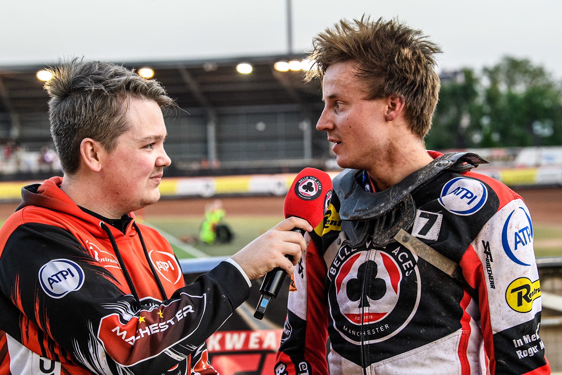 Belle Vue Aces' Connor Bailey is yetrviewed by meeting presenter Lee Wild during the Rowe Motor Oil Premiership match between Belle Vue Aces and Leicester Lions at the National Speedway Stadium, Manchester on Monday 24th June 2024. (Photo: Ian Charles | MI News)
