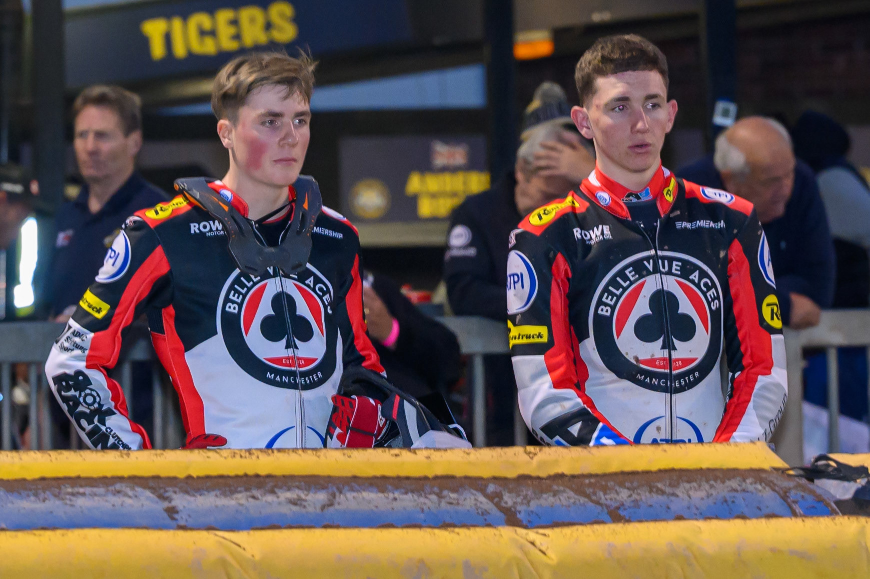 Norick Blödorn of Belle Vue Aces (Left)  and William Cairns of Belle Vue Aces watch the track prep before their next heat during the Rowe Motor Oil Premiership match between Sheffield Tigers and Belle Vue Aces at Owlerton Stadium, Sheffield on Monday 31st August 2026. (Photo: Ian Charles | MI News)