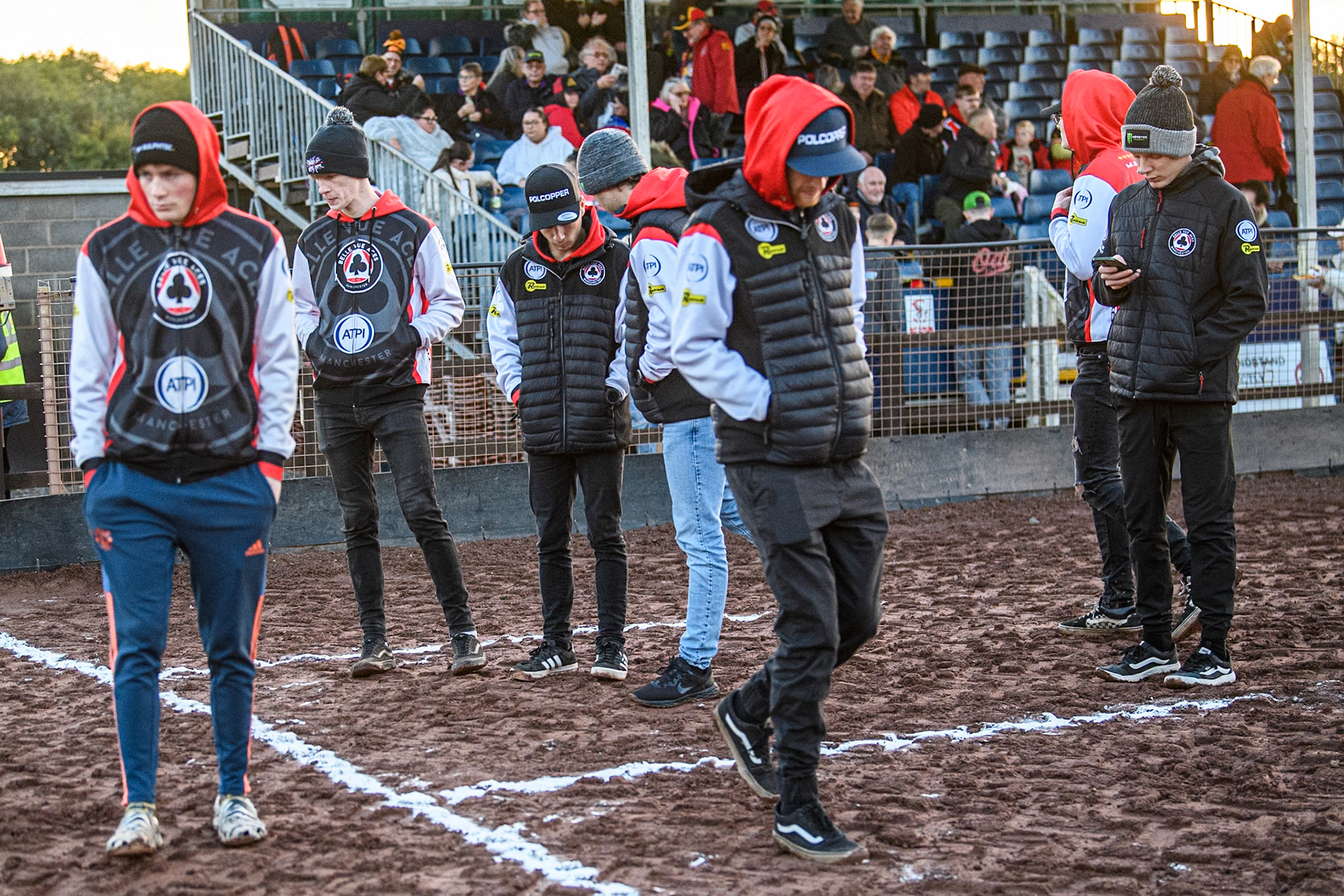 Belle Vue ATPI Aces on their pre meeting track walk inspect the starting gate during the Rowe Motor Oil Premiership Grand Final 2nd Leg between Leicester Lions and Belle Vue Aces at the Pidcock Motorcycles Arena, Leicester on Thursday 26th September 2024. (Photo: Ian Charles | MI News)