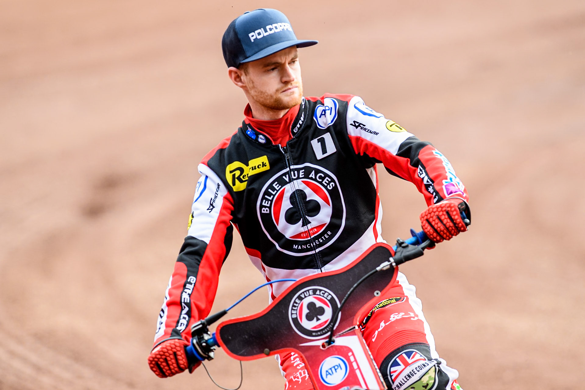 Belle Vue Aces' Brady Kurtz on the parade lap during the Rowe Motor Oil Premiership match between Leicester Lions and Belle Vue Aces at the Pidcock Motorcycles Arena, Leicester on Thursday 25th July 2024. (Photo: Ian Charles | MI News)