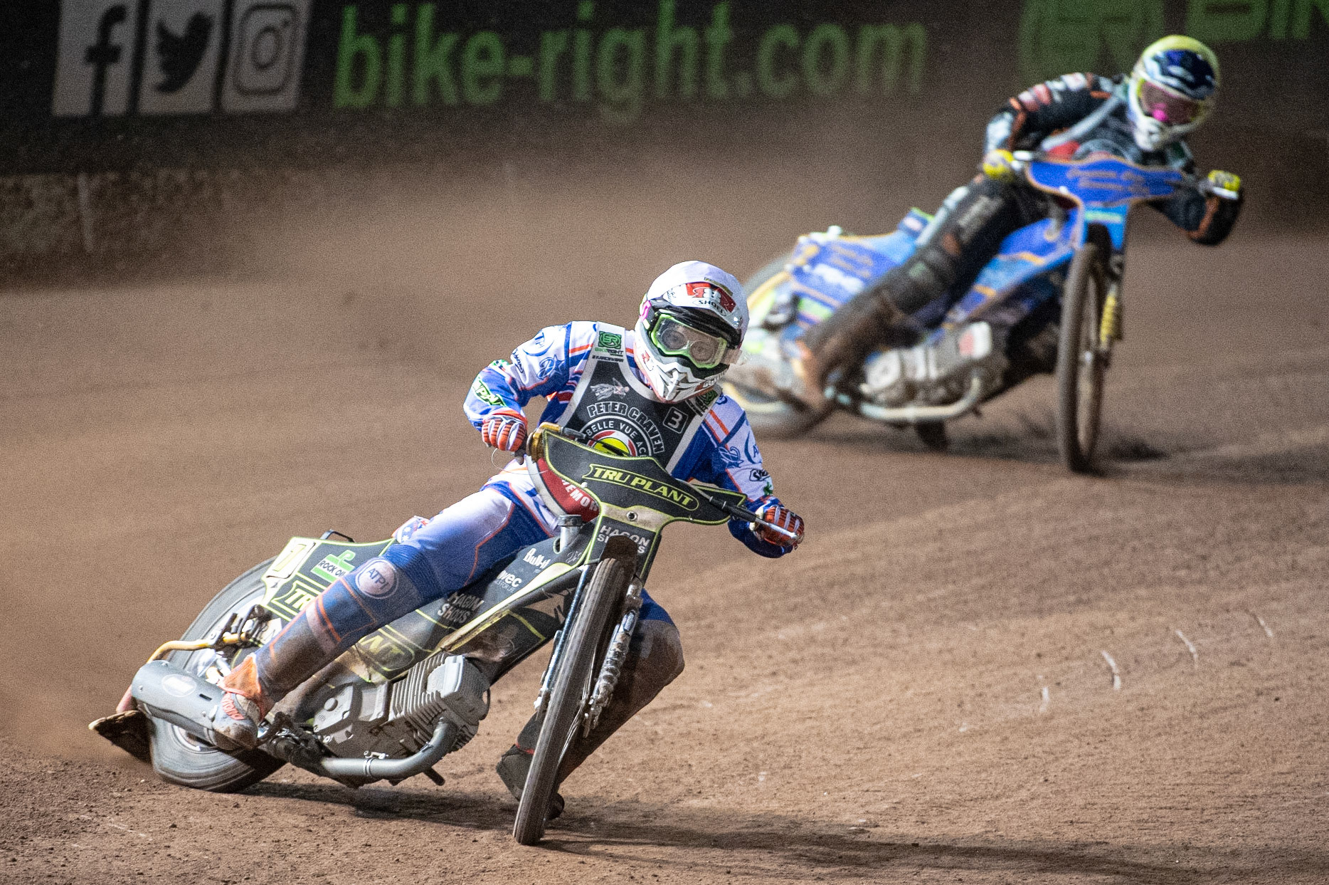 Photo: Ian CharlesJason Crump (White) leads Kyle Howarth (Yellow)Peter Craven Memorial Trophy, National Speedway Stadium, Manchester Thursday  22  October  2020