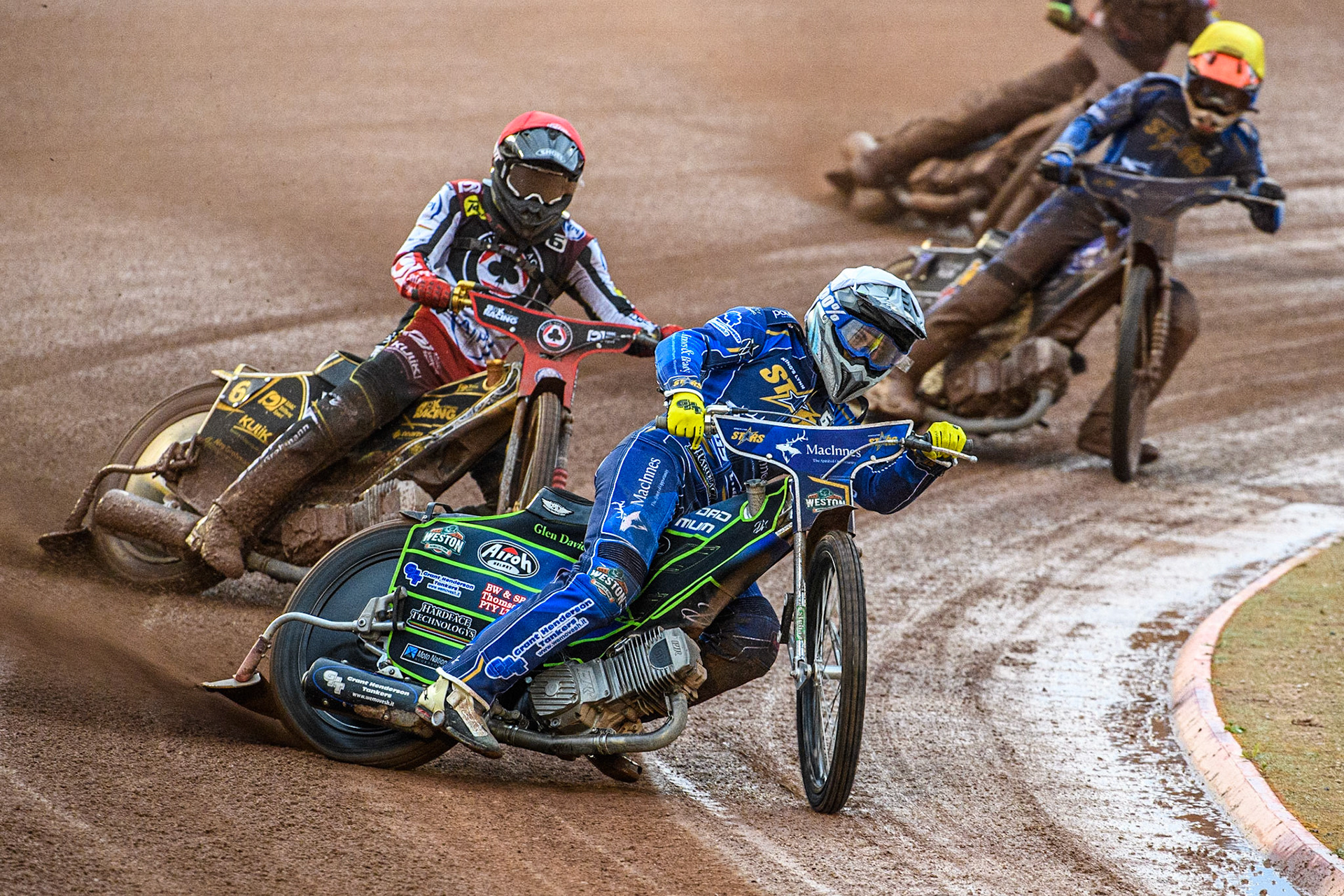 Kye Thomson (White) leads Norick Blodorn (Red) Jason Edwards (Yellow) and Jake Mulford (Blue) during the Sports Insure Premiership match between Belle Vue Aces and King's Lynn Stars at the National Speedway Stadium, Manchester on Monday 12th June 2023. (Photo: Ian Charles | MI News)