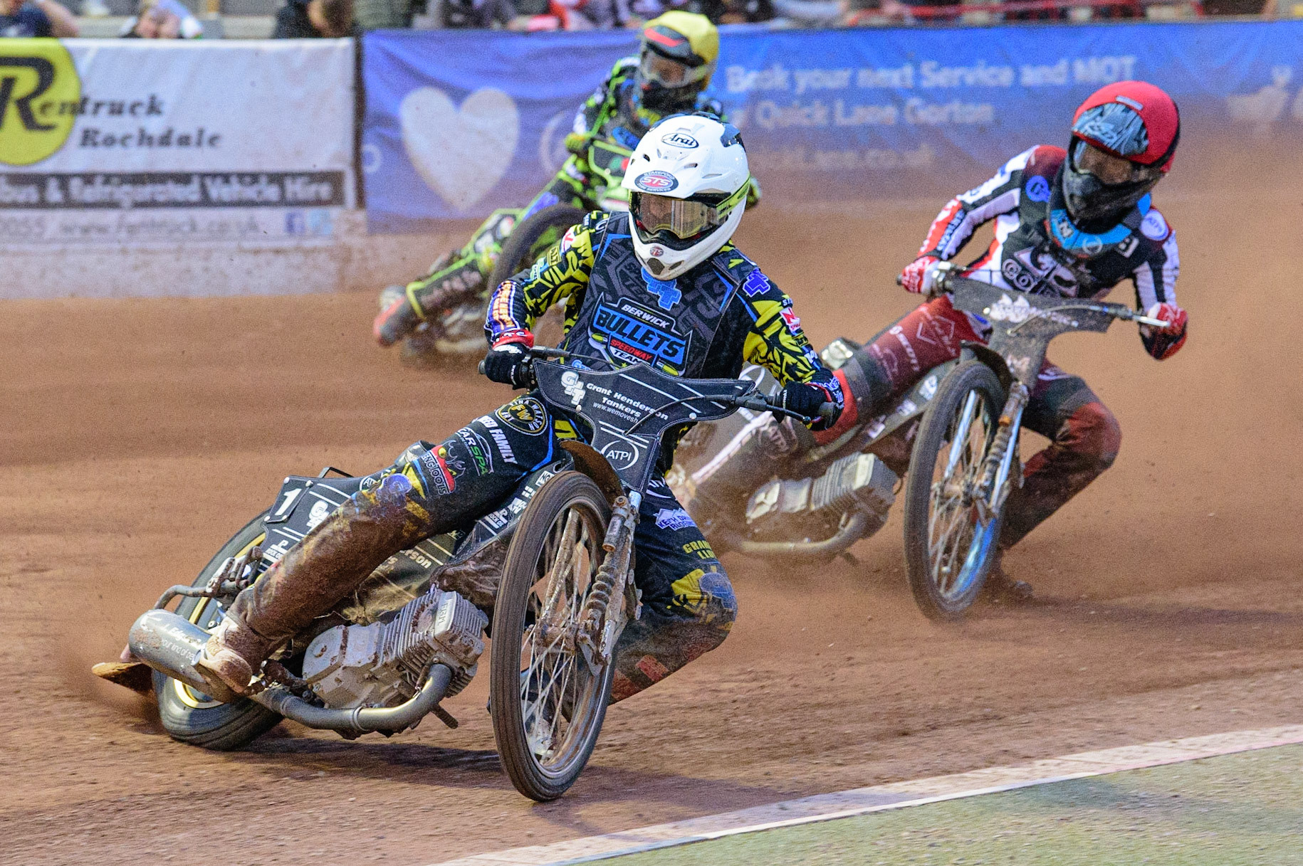 MANCHESTER, UK. JUN 24TH  Kyle Bickley  (White) leads’ Harry McGurk  (Red) with Ace Pijper  (Yellow) behind during the National Development League match between Belle Vue Colts and Berwick Bullets at the National Speedway Stadium, Manchester on Friday 24th June 2022. (Credit: Ian Charles | MI News)