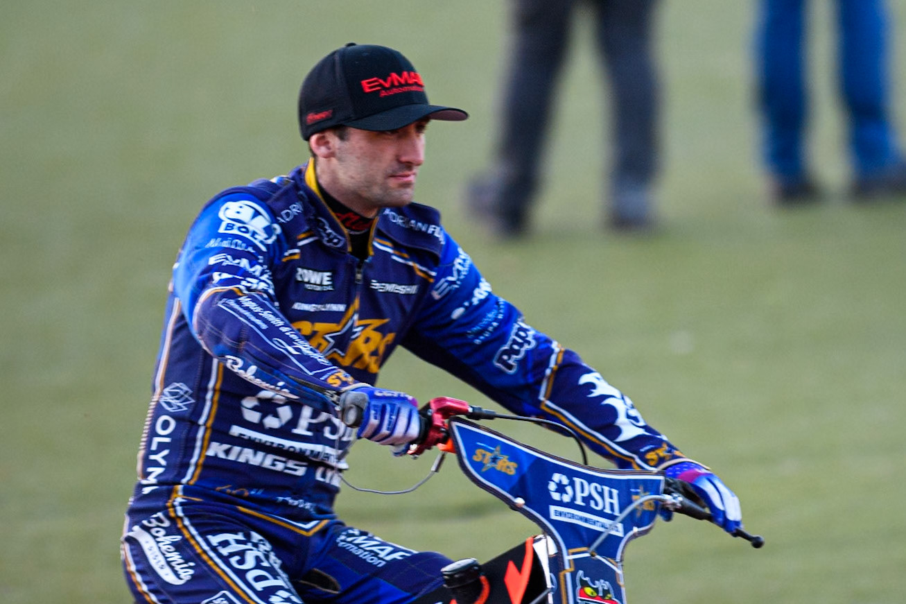 Jan Kvech of Kings Lynn Stars on the parade lap during the Rowe Motor Oil Premiership match between Belle Vue Aces and King's Lynn Stars at the National Speedway Stadium, Manchester on Monday 5th April 2025. (Photo: Ian Charles | MI News)