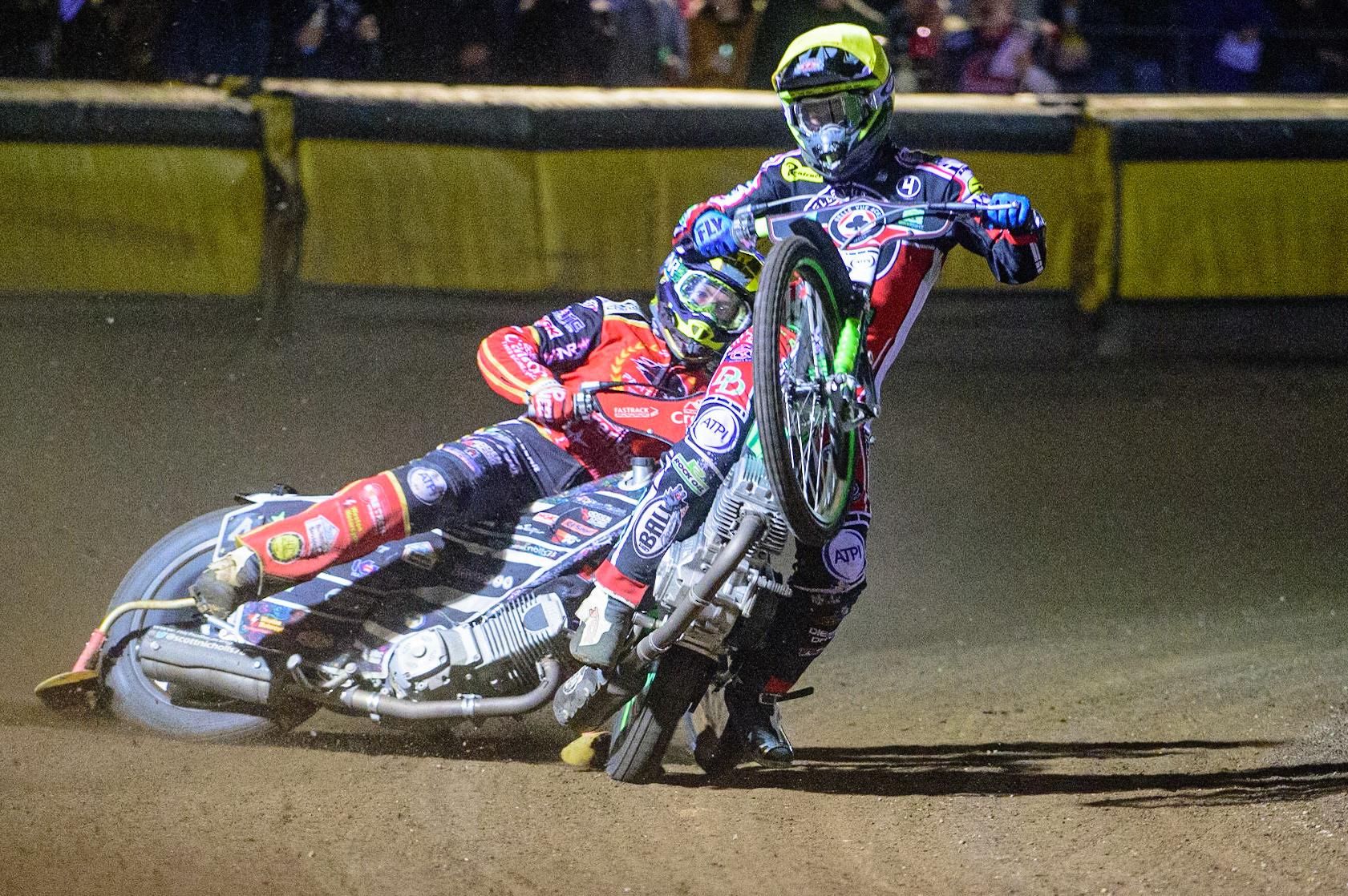 PETERBOROUGH, UK. OCT 14TH Charles Wright  (Yellow) \rears in front of Scott Nicholls  (Blue) during the SGB Premiership Grand Final 2nd leg between Peterborough and Belle Vue Aces at East of England Showground, Peterborough on Thursday 14th October 2021. (Credit: Ian Charles | MI News)