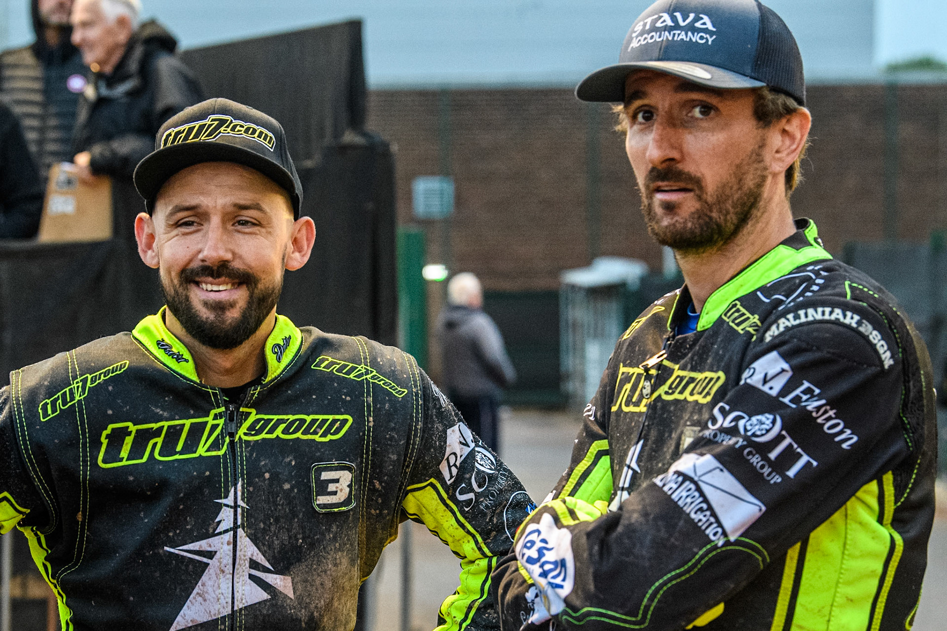Ipswich Witches' Danny King (Left) and Ipswich Witches' Adam Ellis chat during the Rowe Motor Oil Premiership match between Belle Vue Aces and Ipswich Witches at the National Speedway Stadium, Manchester on Monday 1st July 2024. (Photo: Ian Charles | MI News)
