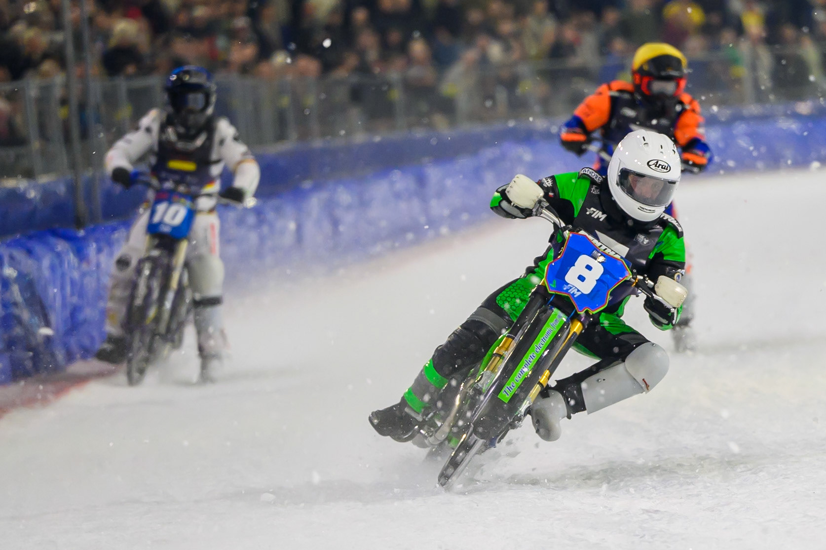 Andrej Diviš (8) of Czechia in White leading Christoph Kirchner (10) of Germany in Blue and Lukáš Hutla (7) of Czechia  in Yellow during the FIM Ice Speedway Of Nations at Ice Rink Thialf, Heerenveen on Sunday 12th April 2026. (Photo: Ian Charles | MI News)