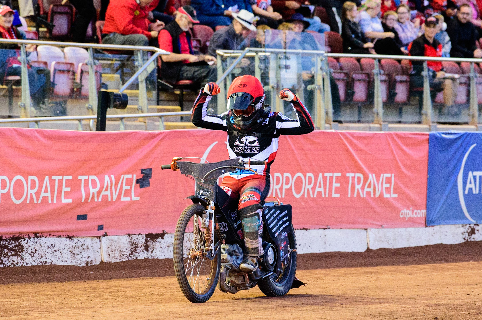 Jack Smith  celebrates his hard fought win in Heat 11during the National Development League match between Belle Vue Aces and Leicester Lions at the National Speedway Stadium, Manchester on Friday 19th August 2022. (Credit: Ian Charles | MI News)