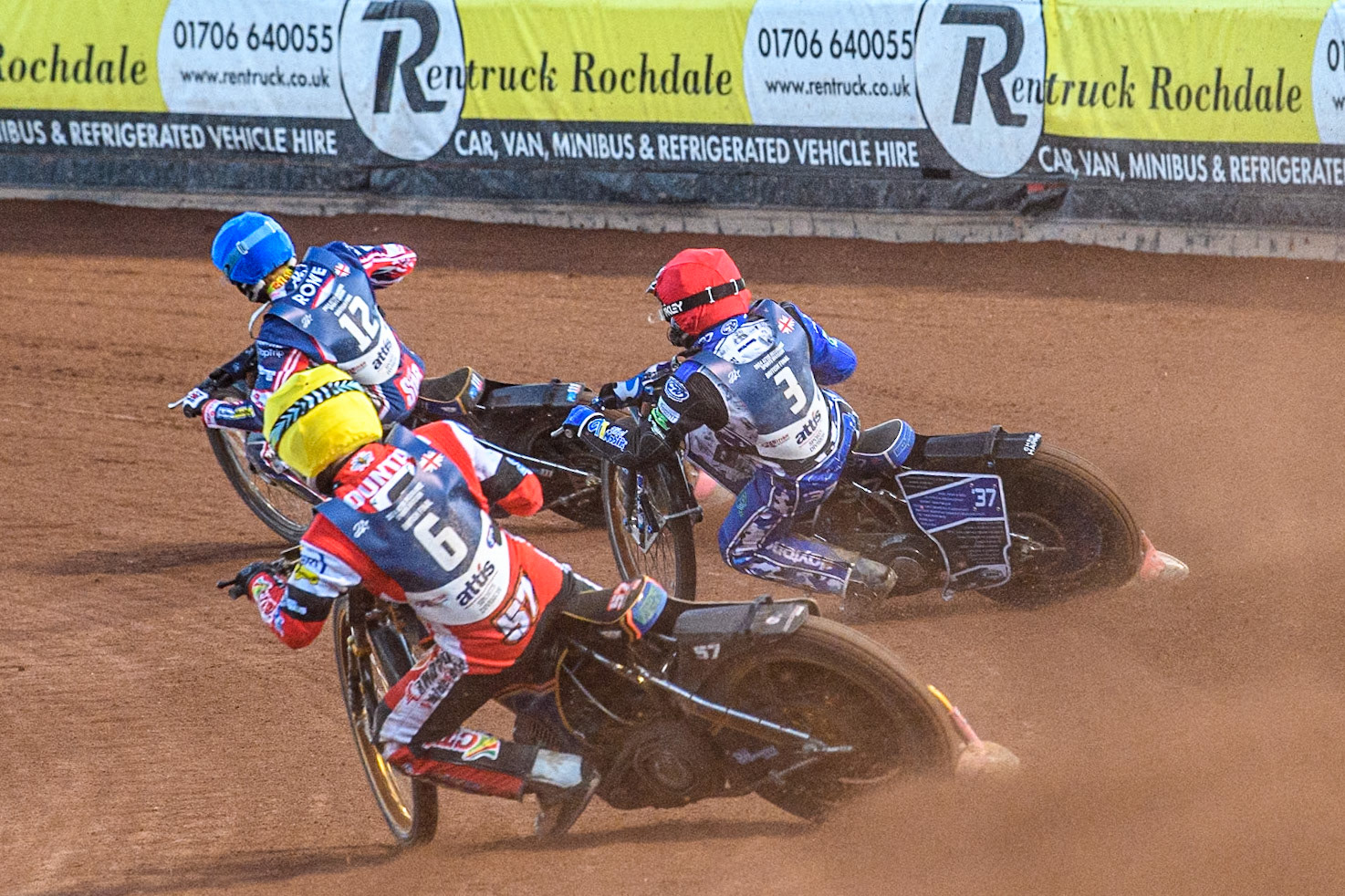 Connor Mountain in Yellow chases Chris Harris in Red and Anders Rowe in Blue during the Attis Insurance Sports Division British Speedway Championship Final at the National Speedway Stadium, Manchester on Saturday 8th June 2024. (Photo: Ian Charles | MI News)