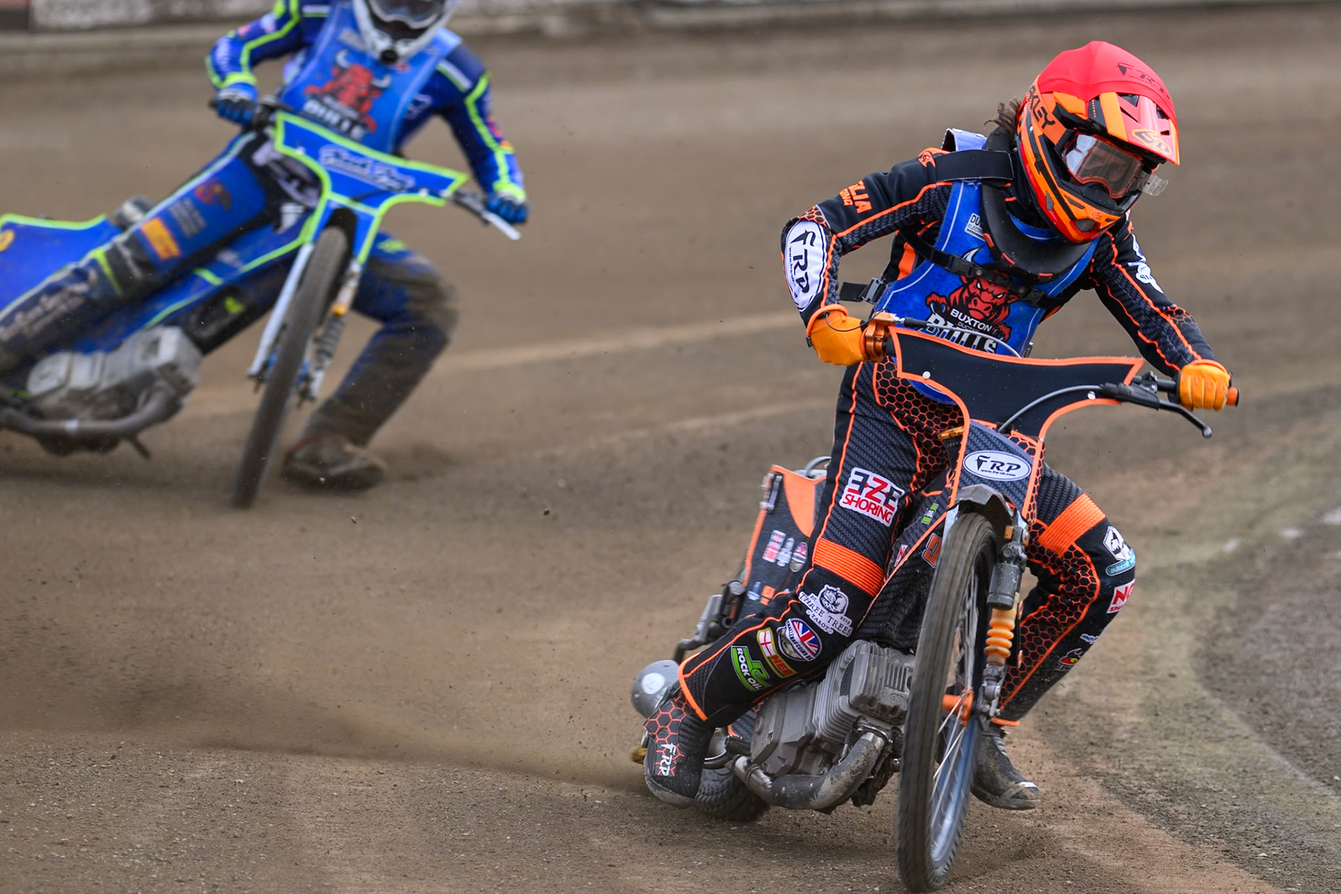 Jack Smith of Buxton Bulls gets out os shape whilst leading  team mate Arran Butcher of Buxton Bulls during the WSRA National Development League match  between Buxton Bulls and Middlesborough Tigers at Hi-Edge Speedway, Buxton on Sunday 16th August 2026. (Photo: Ian Charles | MI News)