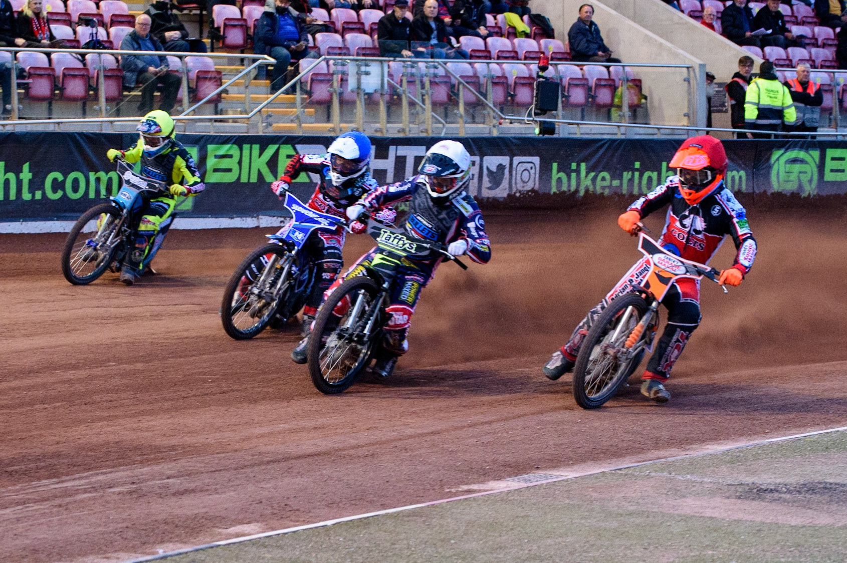 MANCHESTER, UK. MAY 28TH  Leon Flint  (White) leads Connor Coles (Red) and Harry McGurk  (Blue) during the SGB National Development League match between Belle Vue Colts and Berwick Bullets at the National Speedway Stadium, Manchester on Friday 28th May 2021. (Credit: Ian Charles | MI News)