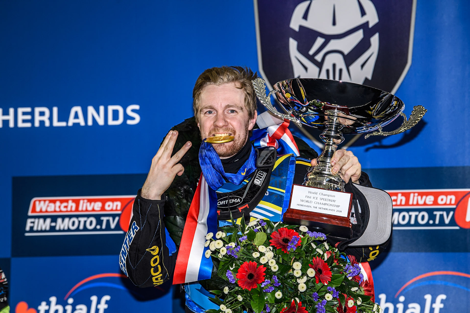 World Champion again! Sweden's Martin Haarahiltunen celebrates his third consecutive title during the FIM Ice Speedway Gladiators World Championship Final 4 at Ice Rink Thialf, Heerenveen on Sunday 7th April 2024. (Photo: Ian Charles | MI News)