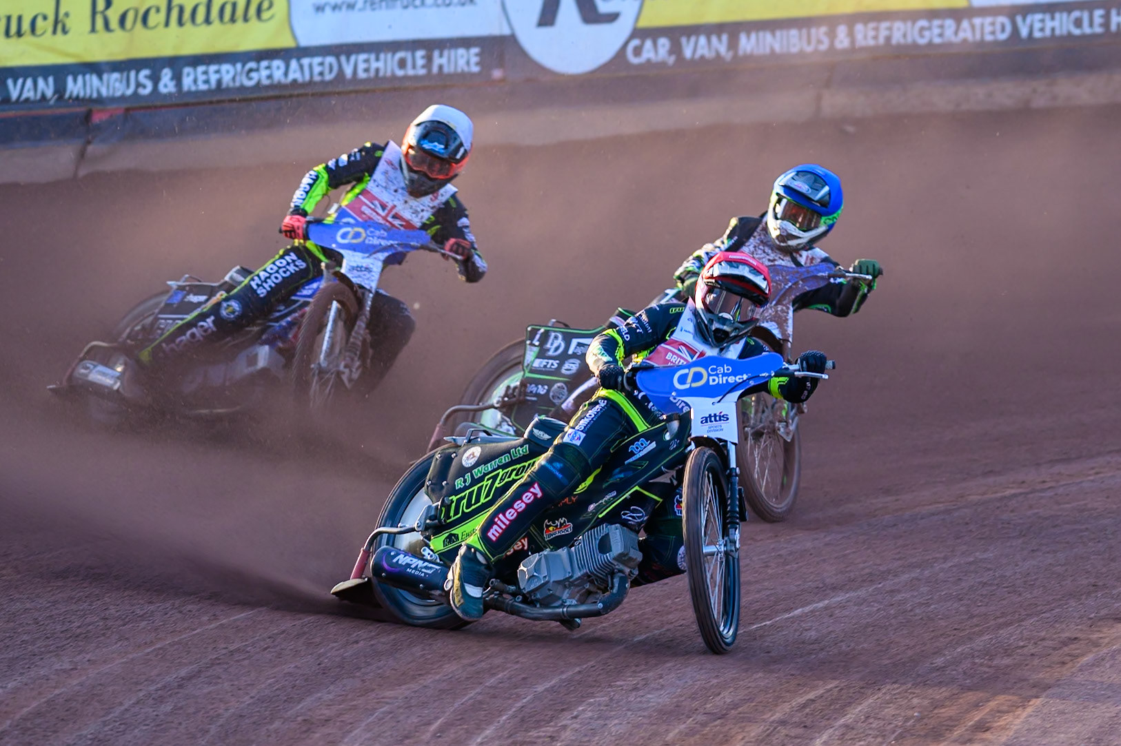 Danny King (10) in Red leading Charles Wright (11) in Blue  and Jason Edwards (9) in White during the Cab Direct British Speedway Championship Final at the National Speedway Stadium, Manchester on Saturday 15th August 2026. (Photo: Ian Charles | MI News)