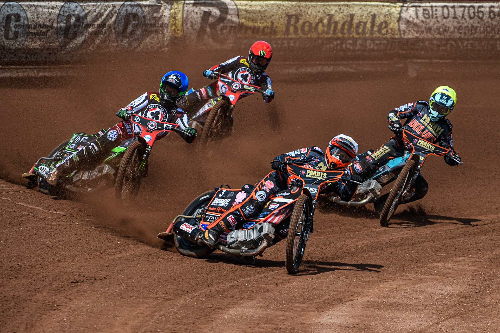 Luke Becker (White) leads Charles Wright (Blue) Ryan Douglas (Yellow) and Jaimon Lidsey (Red) during the Sports Insure Premiership match between Belle Vue Aces and Wolverhampton Wolves at the National Speedway Stadium, Manchester on Monday 29th May 2023. (Photo: Ian Charles | MI News)