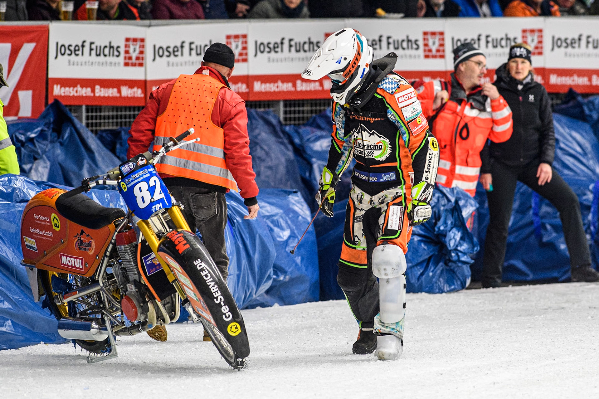 Germany's Markus Jell (82) inspects his bike after his fall during the FIM Ice Speedway Gladiators World Championship Final 1 at the Max-Aicher-Arena, Inzell on Saturday 23 March 2024. (Photo: Ian Charles | MI News)