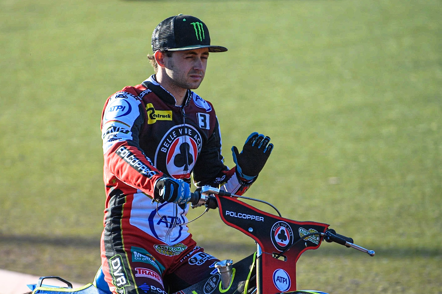 Jaimon Lidsey on the parade lap during the Sports Insure Premiership match between Belle Vue Aces and Ipswich Witches at the National Speedway Stadium, Manchester on Monday 5th June 2023. (Photo: Ian Charles | MI News)