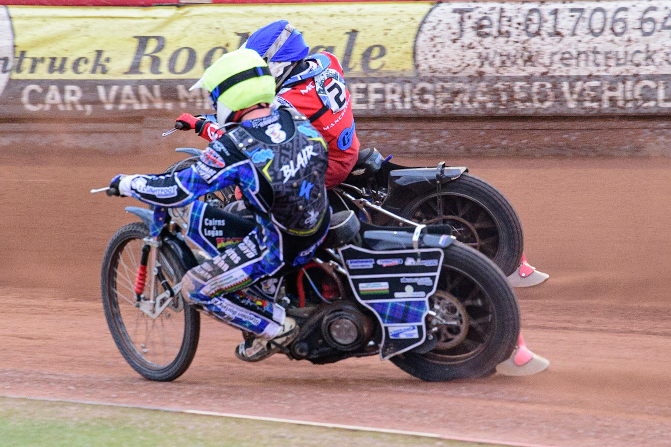 MANCHESTER, UK. JUN 24TH  Greg Blair  (Yellow) inside Sam McGurk  (Blue) during the National Development League match between Belle Vue Colts and Berwick Bullets at the National Speedway Stadium, Manchester on Friday 24th June 2022. (Credit: Ian Charles | MI News)