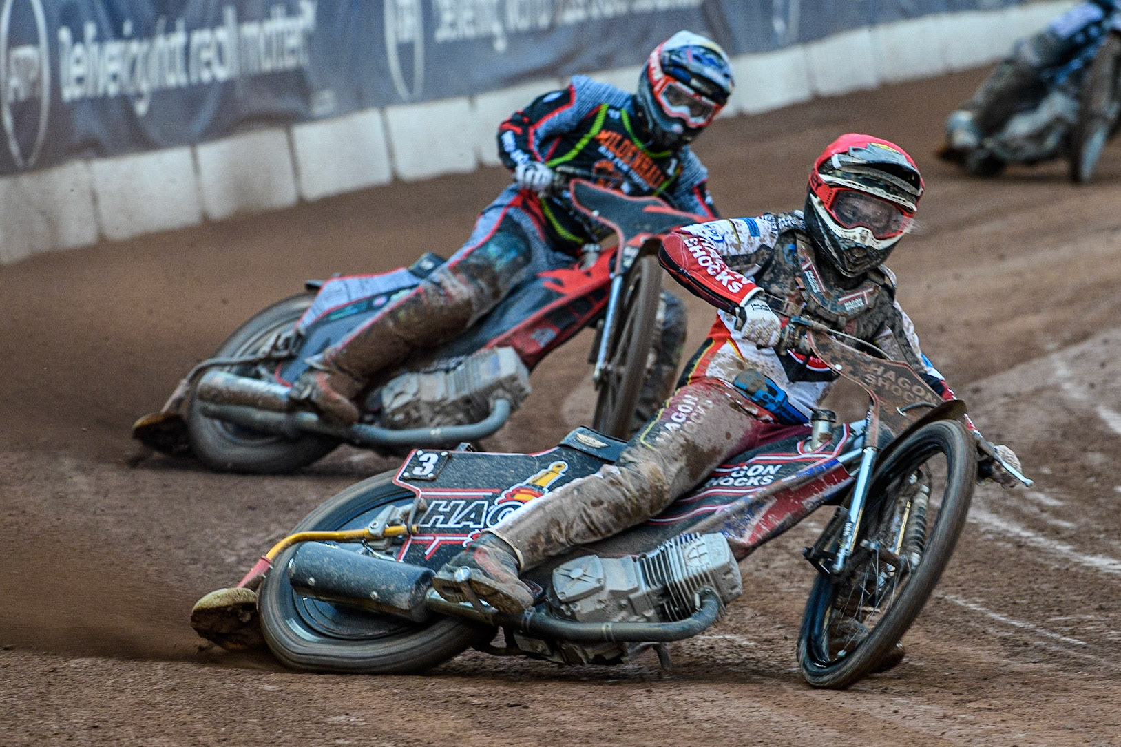 Sam Hagon (Red) leads Alfie Bowtell (White) during the National Development League match between Belle Vue Colts and Mildenhall Fens Tigers at the National Speedway Stadium, Manchester on Friday 26th May 2023. (Photo: Ian Charles | MI News)