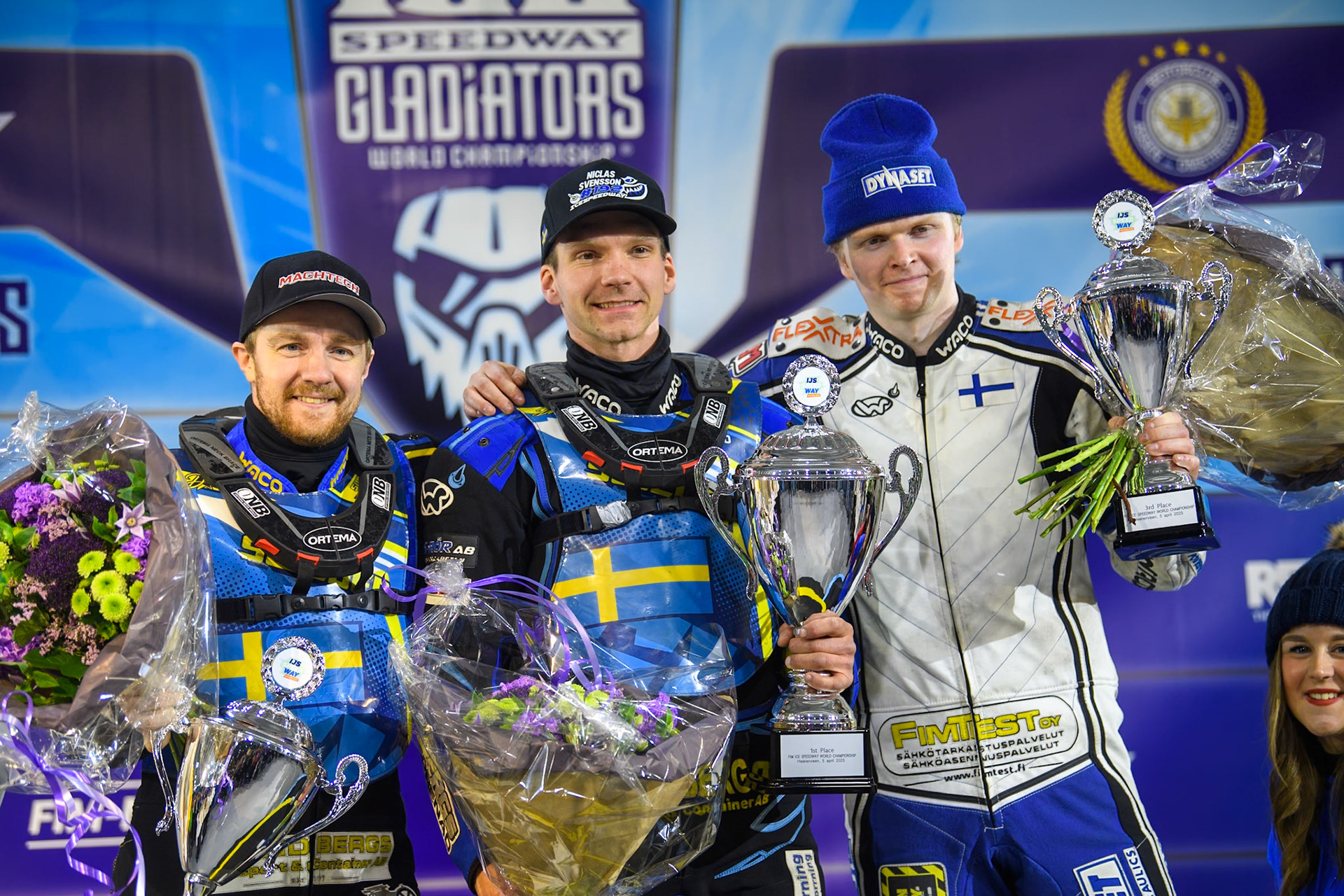 Saturday’s top 3: (L to R) Martin Haarahiltunen (2nd), Niclas Svensson (Winner), Max Koivula (3rd) during the FIM Ice Speedway Gladiators World Championship, Final 3 at the Ice Stadium, Thialf, Heerenveen on Saturday 5th April 2025. (Photo: Ian Charles | MI News)