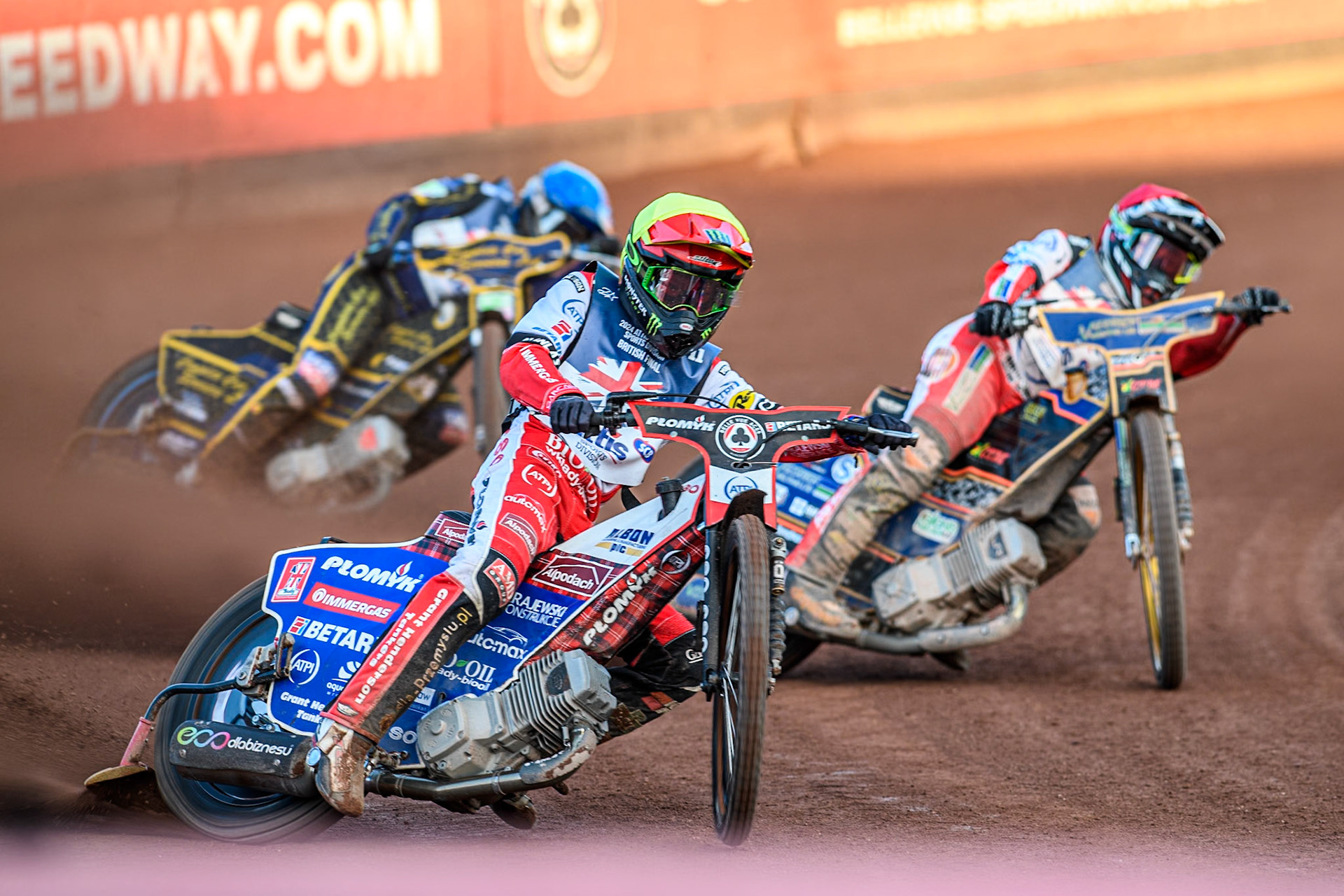 Dan Bewley in Yellow leading Connor Mountain in Red and Kyle Howarth in Blue during the Attis Insurance Sports Division British Speedway Championship Final at the National Speedway Stadium, Manchester on Saturday 8th June 2024. (Photo: Ian Charles | MI News)