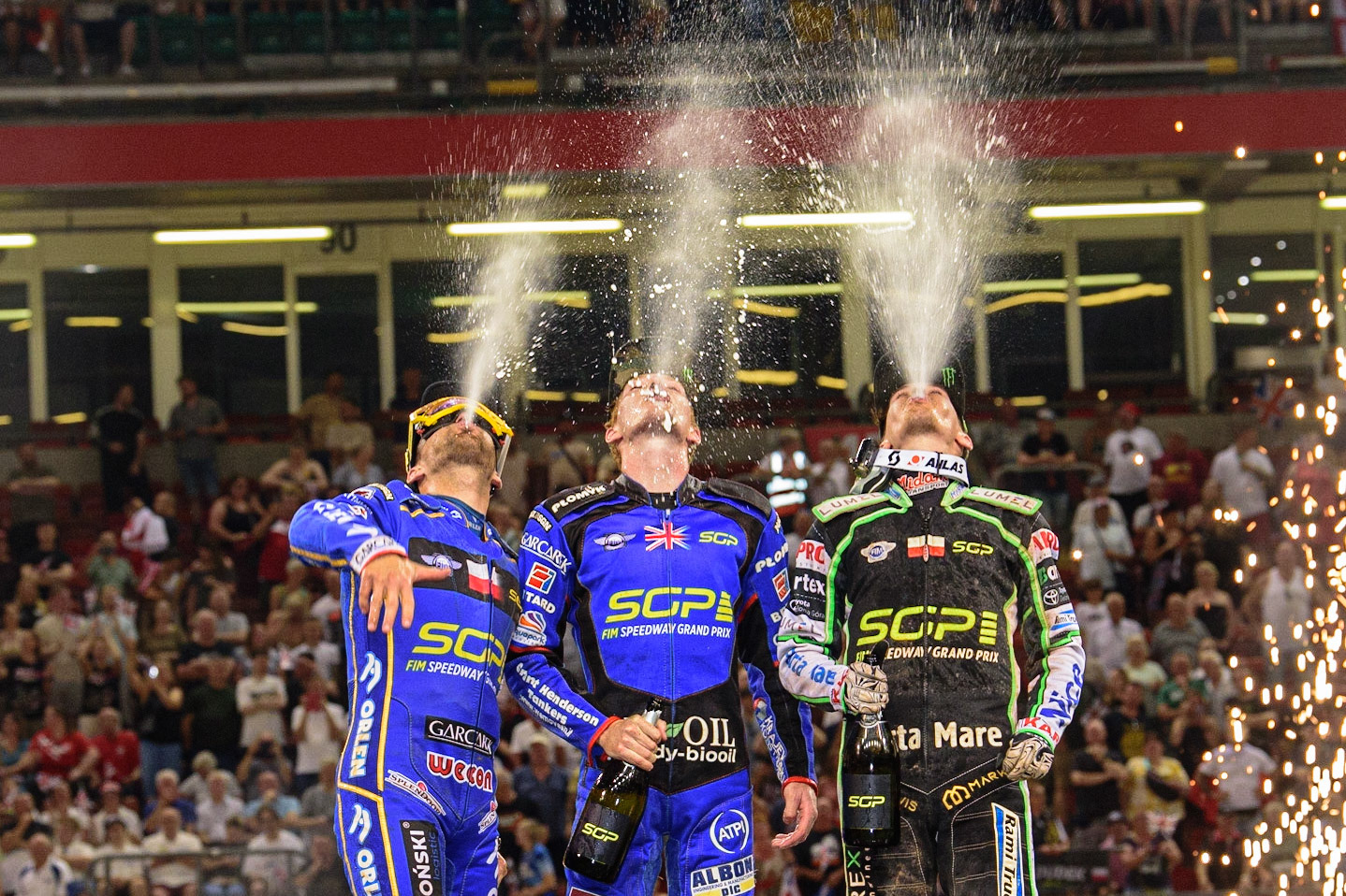 Champagne Capers on the Rostrum during the FIM  Speedway Grand Prix of Great Britain at the Principality Stadium, Cardiff on Saturday 13th August 2022. (Credit: Ian Charles | MI News