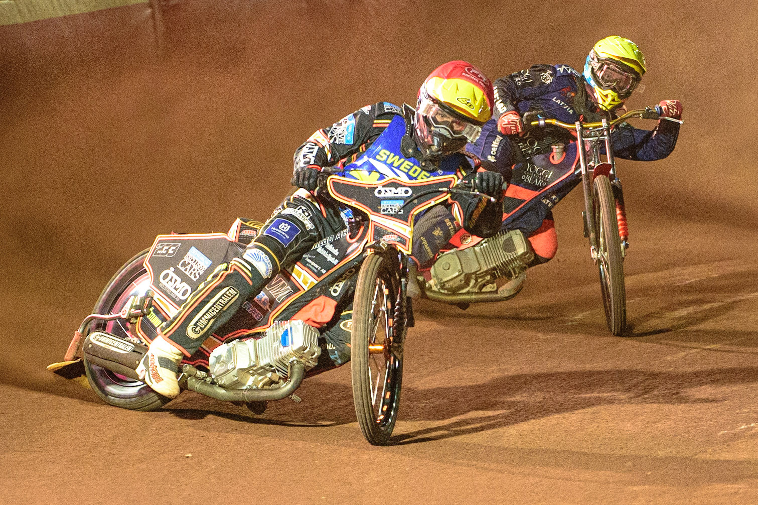 Kim Nilsson (Sweden) (Red) leads Andzejs Lebedevs (Latvia) (Yellow) during the FIM Speedway Grand Prix Challenge at the Peugeot Ashfield Stadium, Glasgow on Saturday 20th August 2022. (Credit: Ian Charles | MI News)