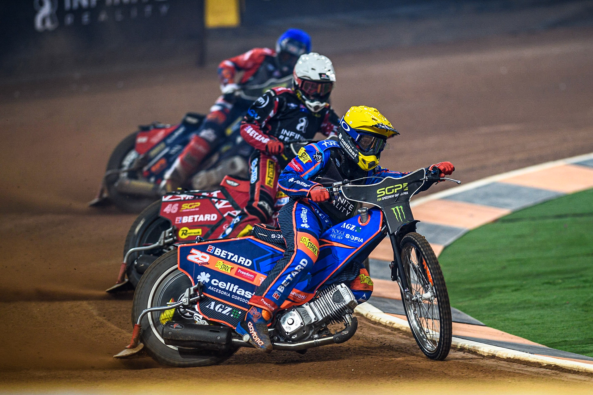 Andzejs Lebedevs (29) (Yellow) leads  Max Fricke (46) (White) and Steve Worrall (16) (Blue) during the FIM Speedway Grand Prix of Great Britain at the Principality Stadium, Cardiff on Saturday 2nd September 2023. (Photo: Ian Charles | MI News)