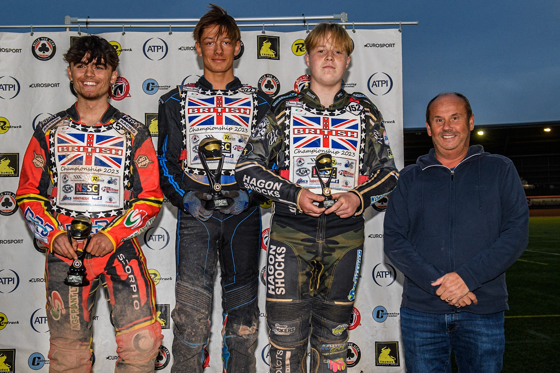 500cc CLASS Round 7: (l - r) Max James (2nd), Ashton Boughen (1st), Ashton Vale (3rd) Richard Cotton (Rentruck/Cool Runnings - Belle Vue Sponsor) during the British Youth Speedway Championships at the National Speedway Stadium, Manchester on Friday 21st July 2023. (Photo: Ian Charles | MI News)