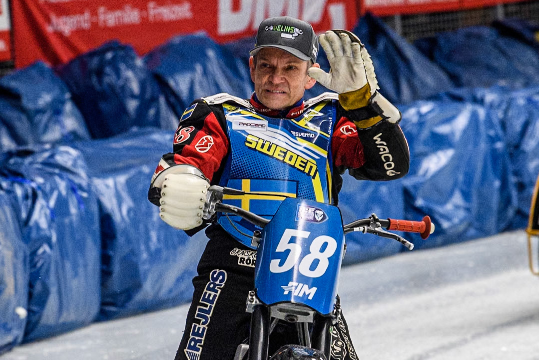 Sweden's Stefan Svensson (58) during the FIM Ice Speedway Gladiators World Championship Final 1 at the Max-Aicher-Arena, Inzell on Saturday 23 March 2024. (Photo: Ian Charles | MI News)