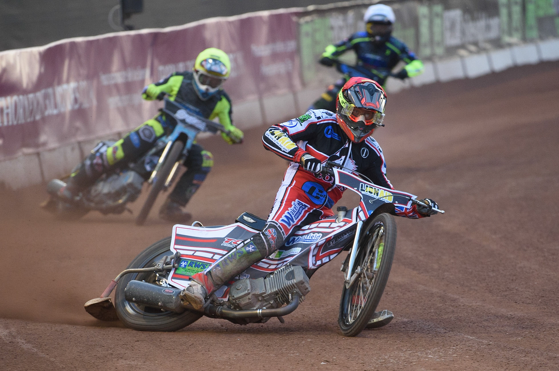 MANCHESTER, UK. MAY 28TH  Jack Parkinson-Blackburn  (Red) leads Mason Watson  (Yellow) and Kyle Bickley  (White) during the SGB National Development League match between Belle Vue Colts and Berwick Bullets at the National Speedway Stadium, Manchester on Friday 28th May 2021. (Credit: Ian Charles | MI News)