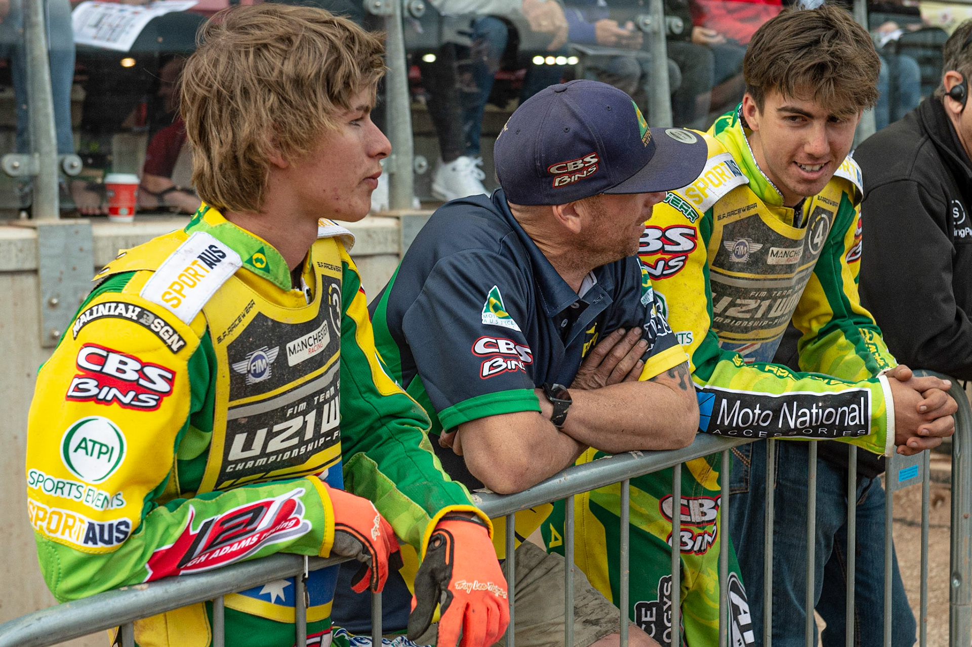 Photo: Ian Charles

Matthew Gilmore (left) and Kye Thomson (right) chat with a member of the Aussie backup team

FIM Team Speedway U-21 World Championship, National Speedway Stadium, Manchester Friday 12 July  2019