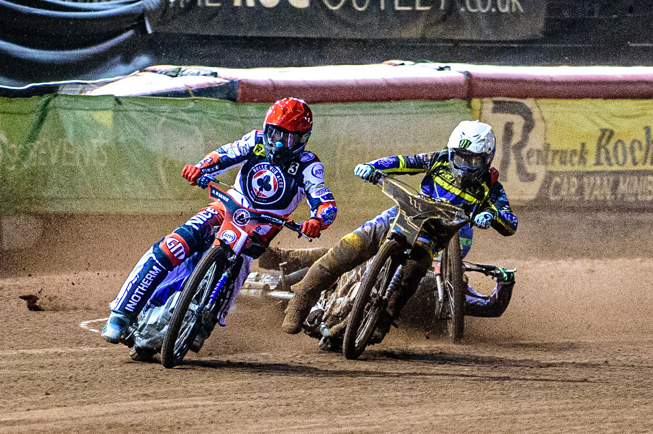 Jack Holder  (White) collides with Charles Wright  (Blue) behind Matej Zagar  (Red) during the SGB Premiership Grand Final 1st leg between Belle Vue Aces and Sheffield Tigers at the National Speedway Stadium, Manchester on Monday 10th October 2022. (Credit: Ian Charles | MI News)