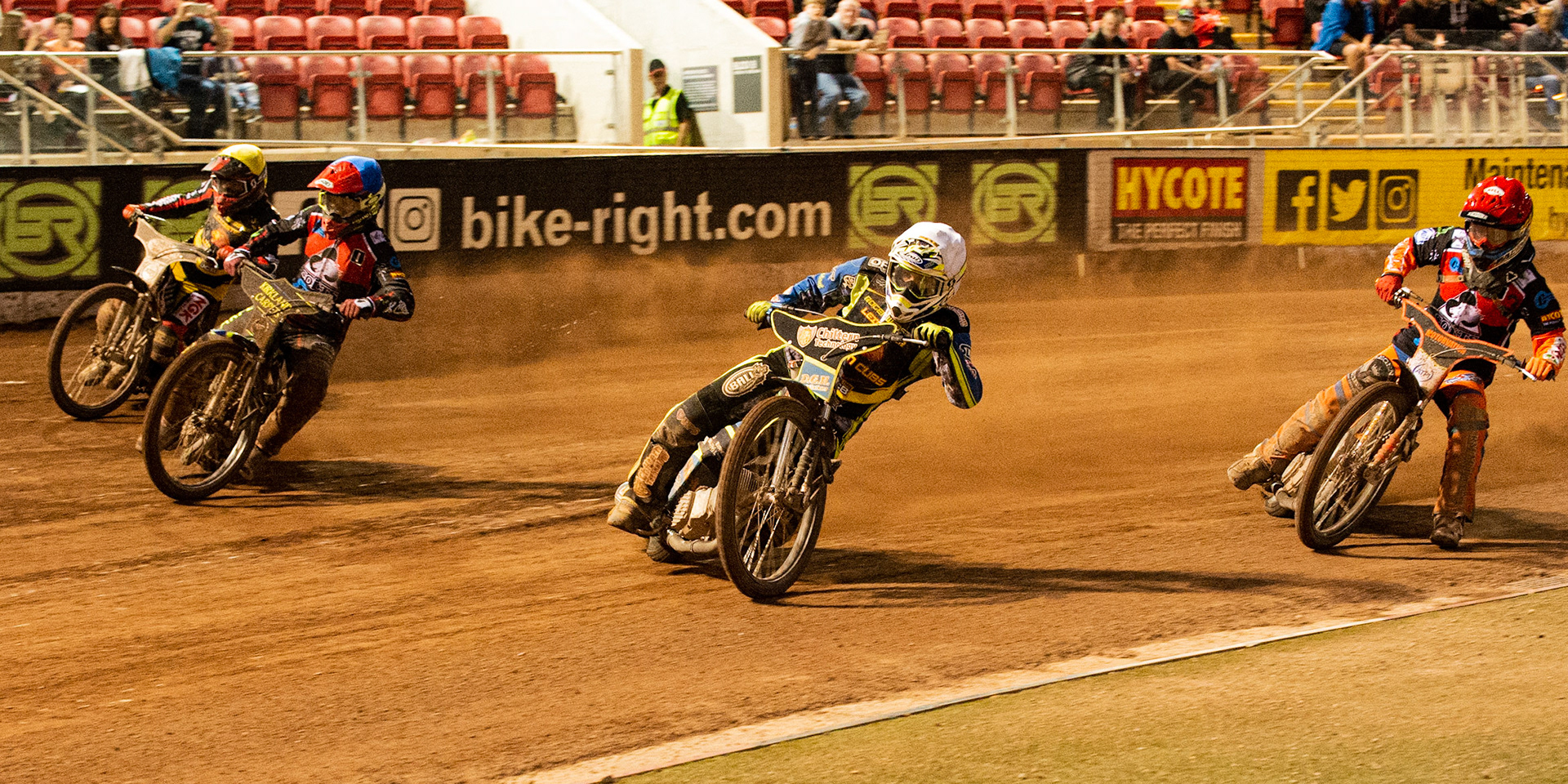 Photo: Ian Charles

Danyon Hume  (White) leads Kyle Bickley  (Blue) Joe Lawlor  (Yellow) and Jordan Palin  (Red)

Belle Vue Colts v Leicester Cubs, SGB National League, Belle Vue National Speedway Stadium, Manchester, Thursday 8  August  2019