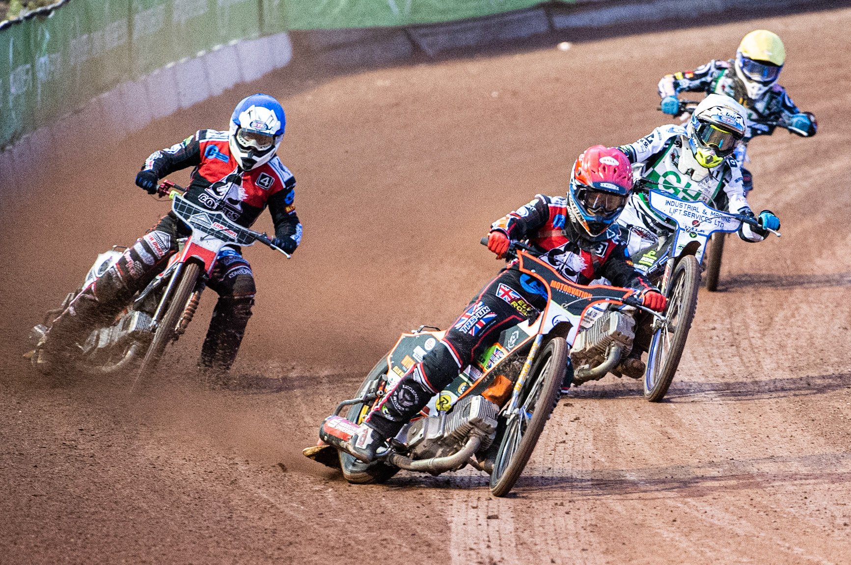 Photo: Ian Charles

Belle Vue Colts  Jordan Palin  (Red) and Danny Phillips  
(Blue) leads Max Clegg  (White) and Harry McGurk (Yellow)

Belle Vue Colts v Cradley Heathens, SGB National League, Belle Vue National Speedway Stadium, Manchester, Thursday 29  August  2019