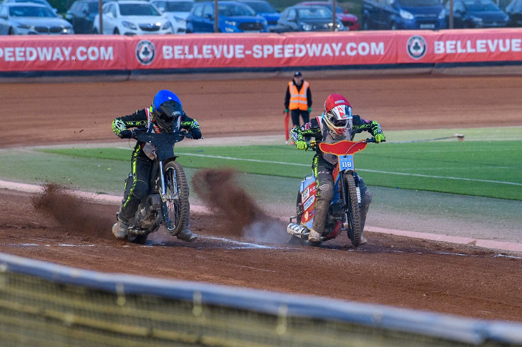 Craig Cook in Blue and Drew Kemp in Red leave the start during the Attis Insurance Sports Division British Final at the National Speedway Stadium, Manchester on Monday 12th May 2025. (Photo: Ian Charles | MI News)