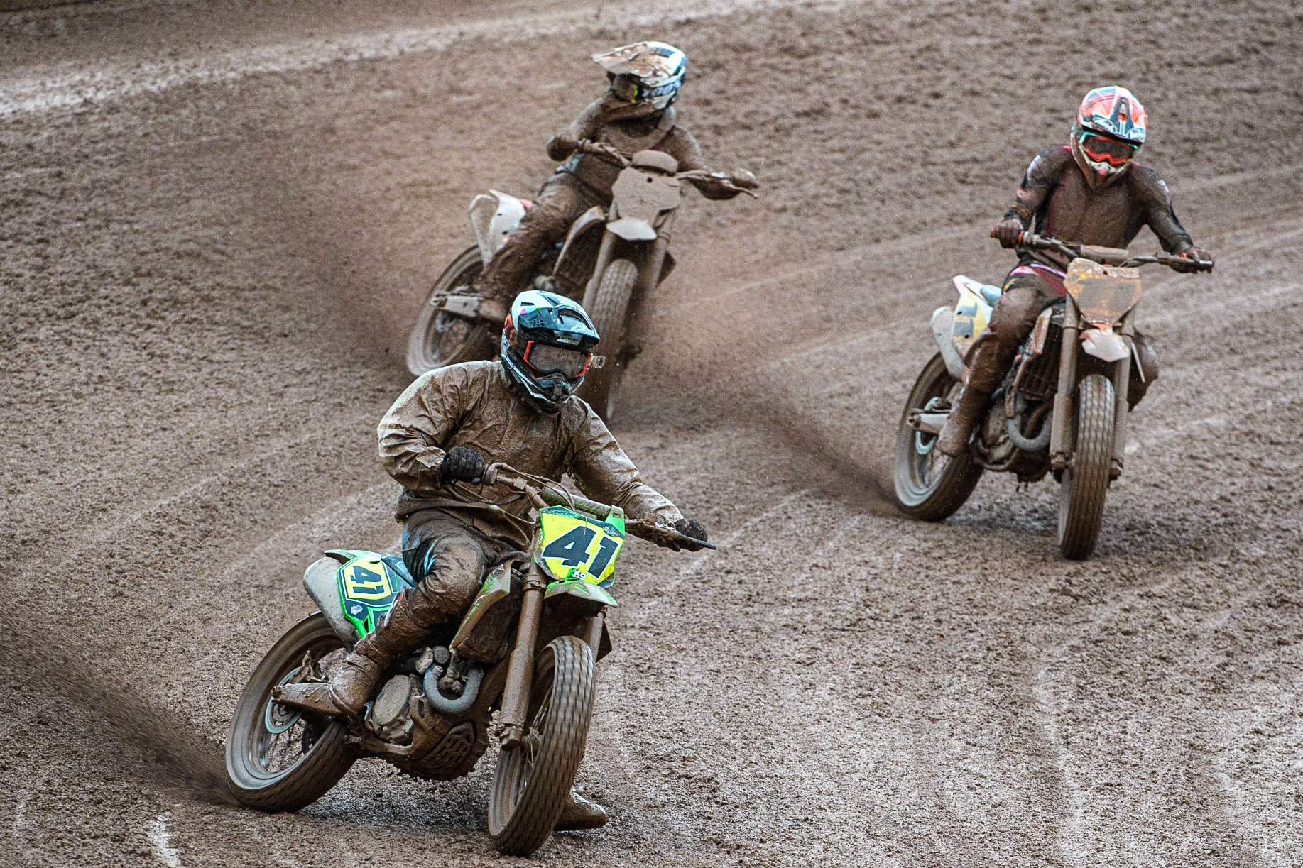 Sébastien Jeanpierre (41) from France leads Giacomo Bossetti (11) from Italy during the FIM World Flat Track Championship Round 1 at the National Speedway Stadium, Manchester on Saturday 5th August 2023. (Photo: Ian Charles | MI News)