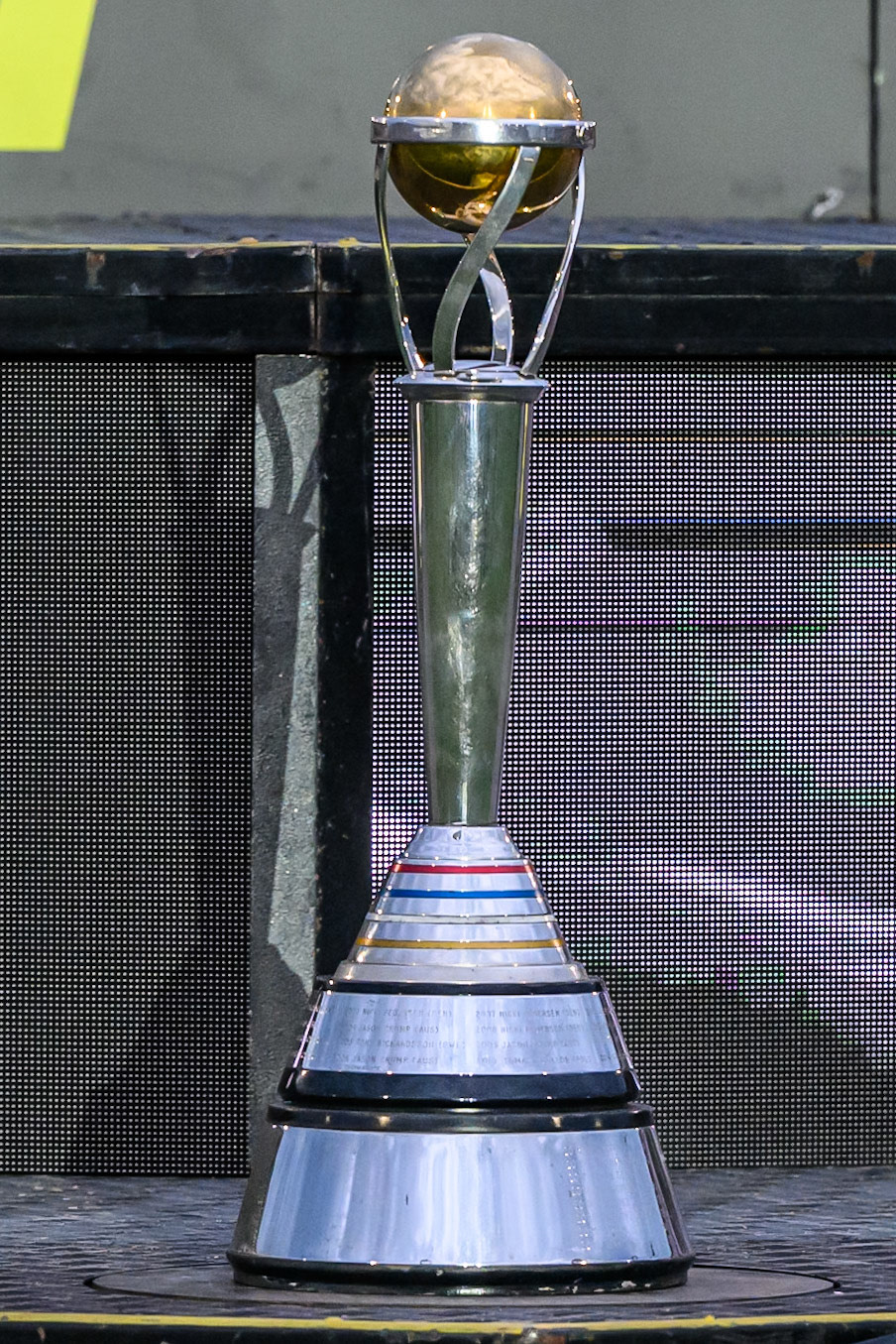 The World Championship Trophy on display in front of the Podium during the ATPI FIM Speedway Grand Prix Round 4 at the National Speedway Stadium, Manchester, on Friday 13th June 2025. (Photo: Ian Charles | MI News)
