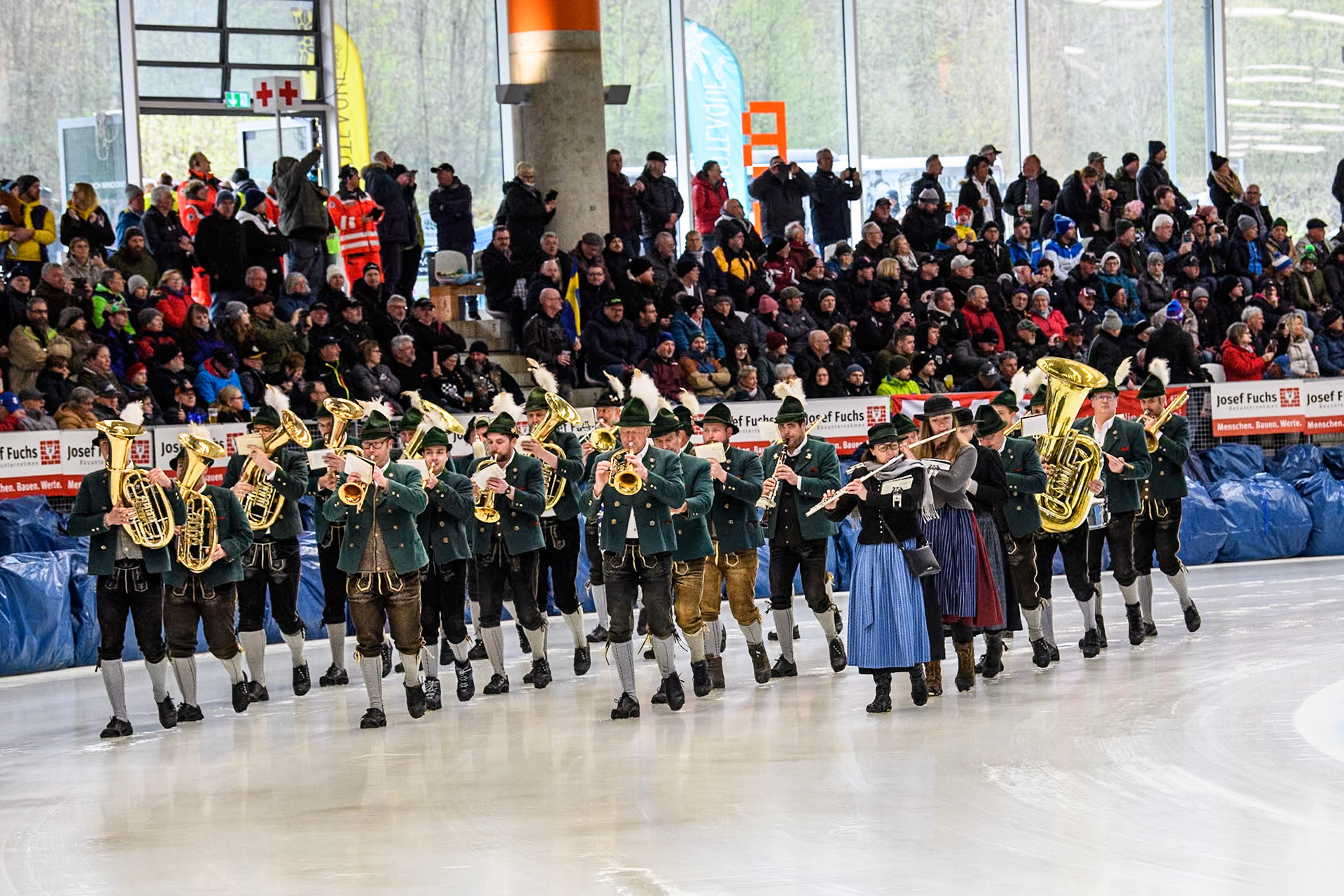 The Inzell Band lead the parade during the FIM Ice Speedway Gladiators World Championship Final 2 at the Max-Aicher-Arena, Inzell on Sunday 24 March 2024. (Photo: Ian Charles | MI News)