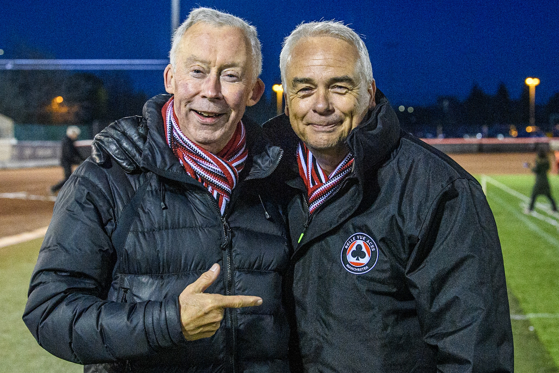 Belle Vue Co-Owners Tony Rice (left) and Robin Southwell during the SGB Premiership match between Belle Vue Aces and Peterborough at the National Speedway Stadium, Manchester on Monday 24th April 2023. (Photo: Ian Charles | MI News)