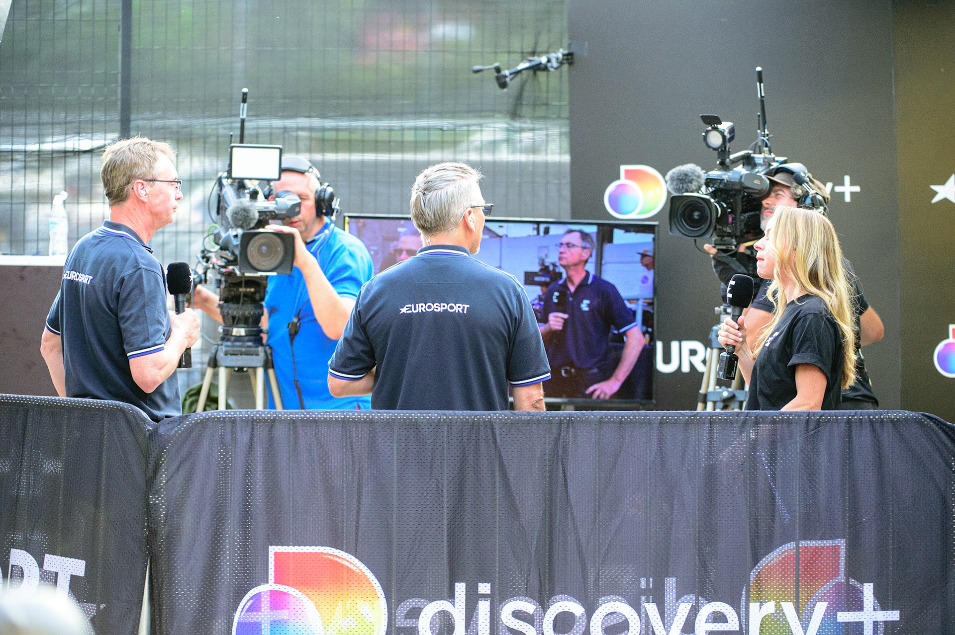 MANCHESTER UK  The Eurosport team start the programme from the studio in the pits during the SGB Premiership match between Belle Vue Aces and King's Lynn Stars at the National Speedway Stadium, Manchester on Monday 11th July 2022. (Credit: Ian Charles | MI News)