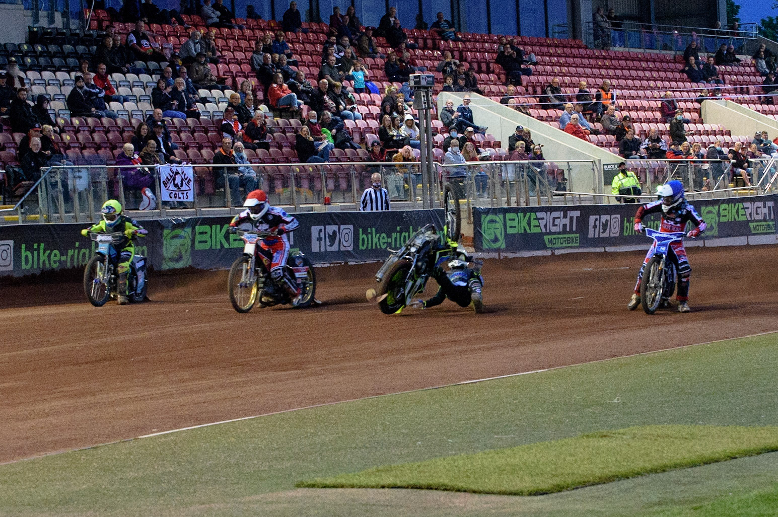 MANCHESTER, UK. MAY 28TH  at the start of heat 14 Ben Rathbone  falls after getting too much drive during the SGB National Development League match between Belle Vue Colts and Berwick Bullets at the National Speedway Stadium, Manchester on Friday 28th May 2021. (Credit: Ian Charles | MI News)