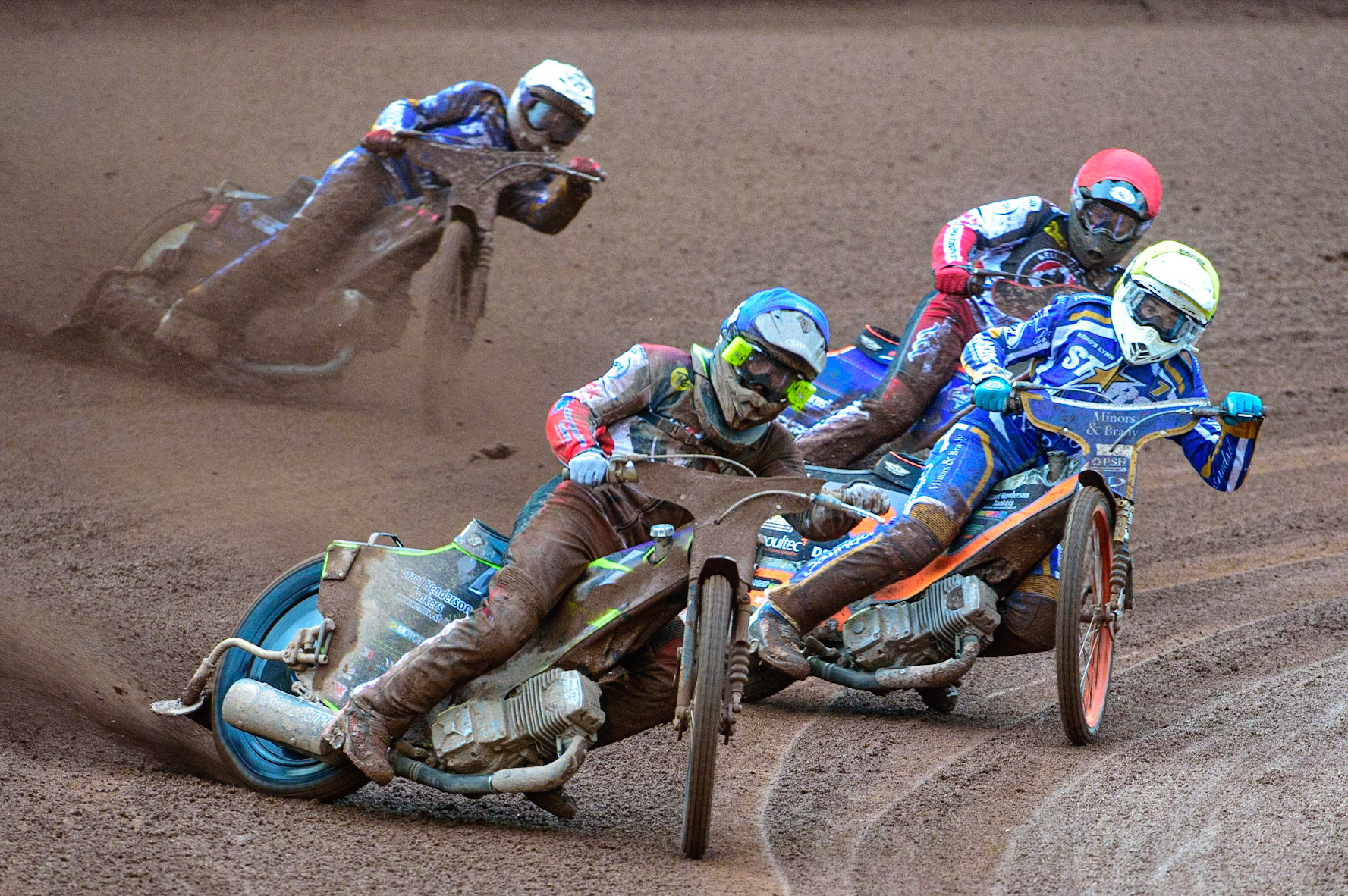MANCHESTER, UK. MAY 16TH Tom Brennan   (Blue) leads Jack Thomas  (Yellow), Brady Kurtz  (Red) and Josh Pickering  (White) during the SGB Premiership match between Belle Vue Aces and King's Lynn Stars at the National Speedway Stadium, Manchester on Monday 16th May 2022. (Credit: Ian Charles | MI News)
