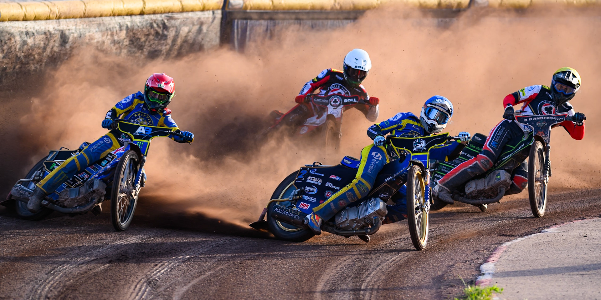 Anders Rowe of Sheffield Tigers in Yellowleading Jack Holder of Sheffield Tigers in Red Kye Thomson, Guest Rider for Belle Vue Aces in Yellow and Brady Kurtz of Belle Vue Aces in White during the Rowe Motor Oil Premiership match between Sheffield Tigers and Belle Vue Aces at Owlerton Stadium, Sheffield on Monday 25th May 2026. (Photo: Ian Charles | MI News)