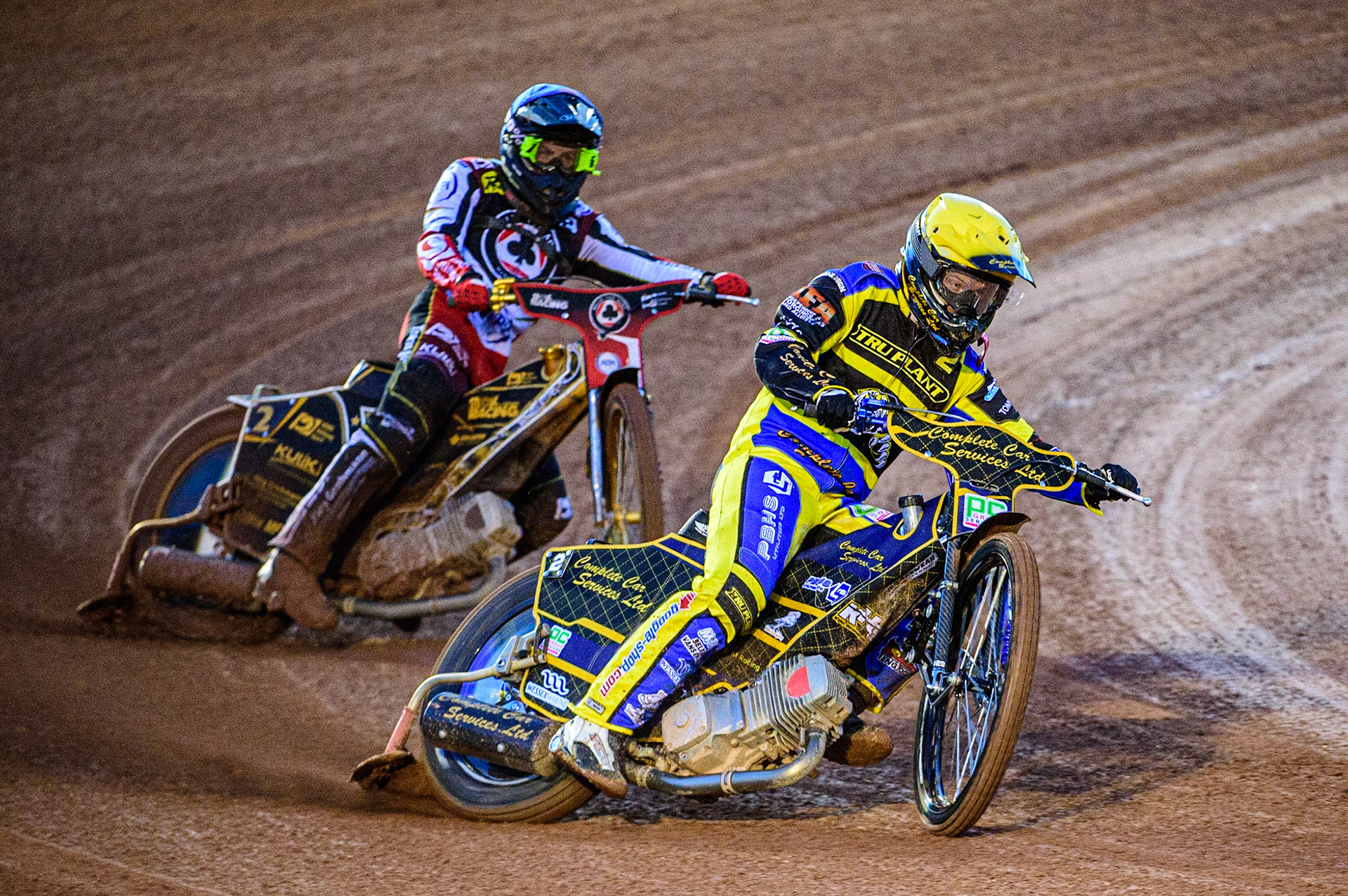 Kyle Howarth  (Yellow) leads Norick Blodorn  (Blue) during the SGB Premiership match between Belle Vue Aces and Sheffield Tigers at the National Speedway Stadium, Manchester on Monday 27th March 2023. (Photo: Ian Charles | MI News)