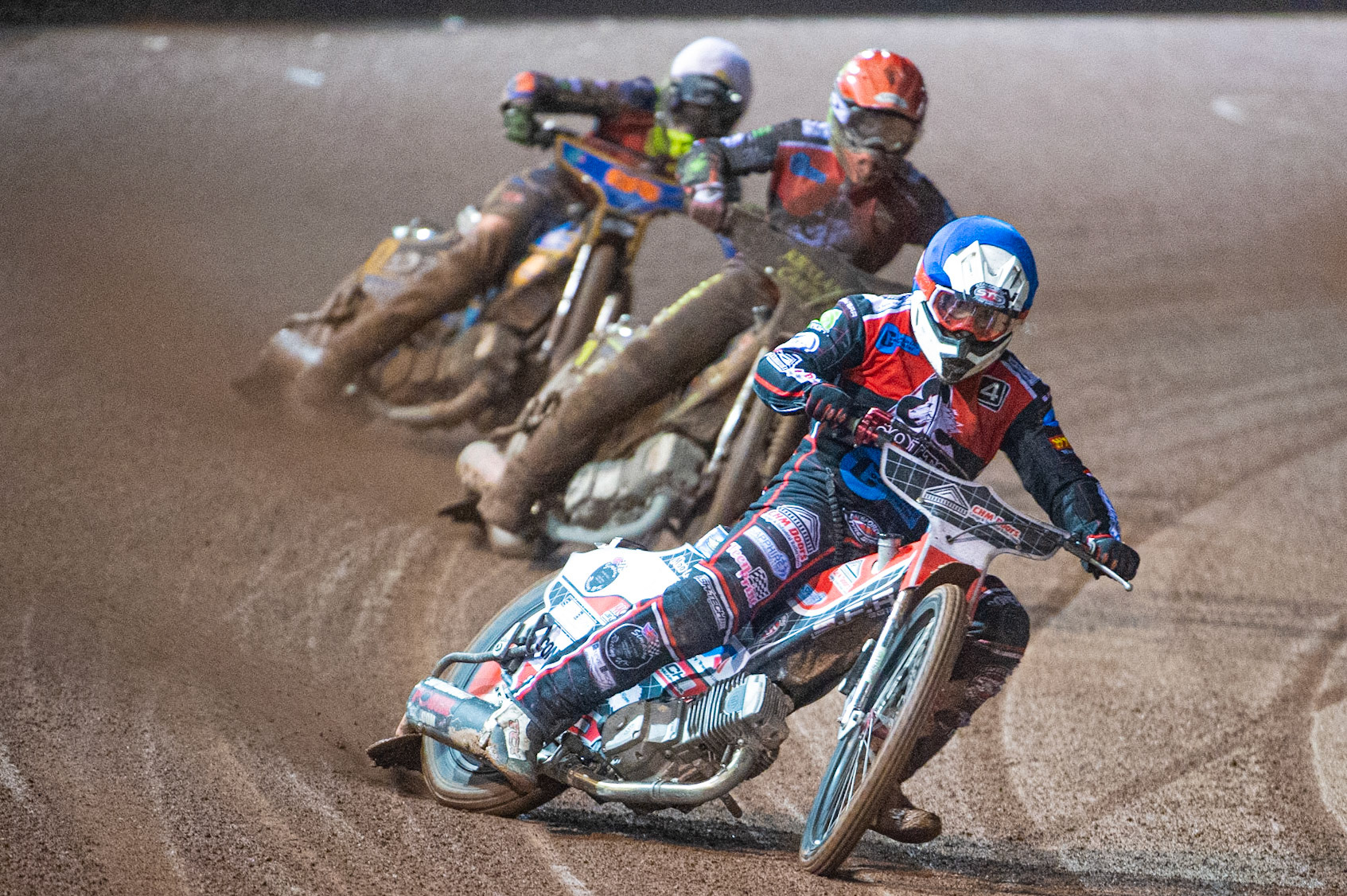 Photo: Ian Charles

Danny Phillips (Blue) leads Kyle Bickley  (Red) and Anders Rowe (White) 

Belle Vue Colts v Kent Kings, SGB National League Play Offs, Semi Final 1st Leg, Belle Vue National Speedway Stadium, Manchester, Friday 4  October  2019