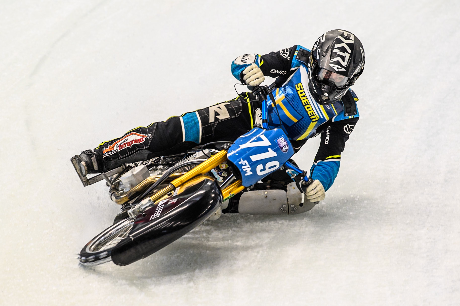 Filip Jäger (719) of Sweden in action during practice for  the Ice Speedway Gladiators World Championship Finals 1 &amp; 2 at Max-Aicher-Arena, Inzell on Friday 14th March 2025. (Photo: Ian Charles | MI News)