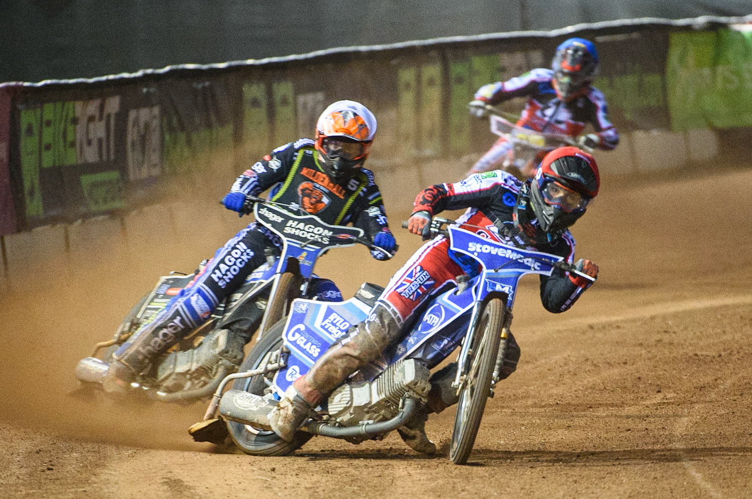 MANCHESTER, SEPT 3RD. Harry McGurk  (Red) leads Jason Edwards  (White) during the National Development League match between Belle Vue Aces and Mildenhall Fens Tigers at the National Speedway Stadium, Manchester on Friday 3rd September 2021. (Credit: Ian Charles | MI News)
