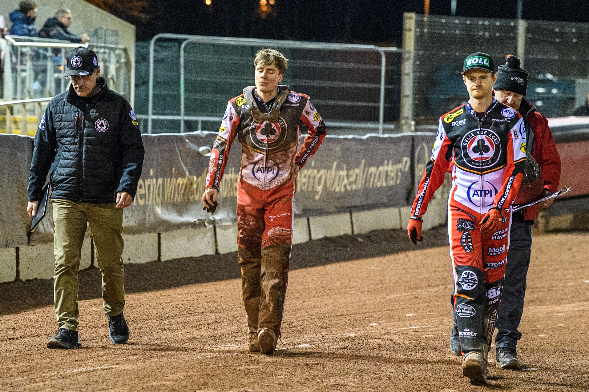 Norick Blödorn of Belle Vue Aces (Centre) walks back to the pits with Mark Lemon Team Manager of Belle Vue Aces (Left) and Brady Kurtz  (Right) during the Premiership Cup Quarter Final 1st Leg match between Belle Vue Aces and Ipswich Witches at the National Speedway Stadium, Manchester on Monday 24th March 2025. (Photo: Ian Charles | MI News)
