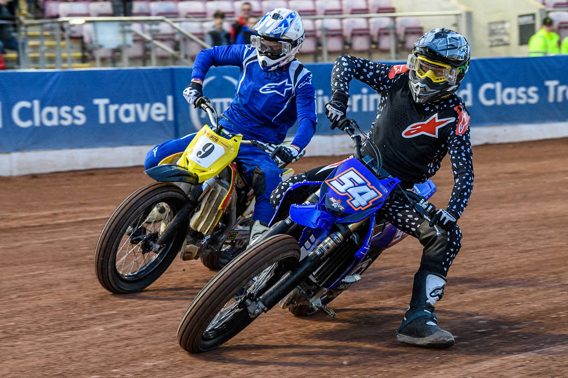Tim Neave (54) leads Archie May (9)  during the Flat Track Demonstration Races during the Sports Insure Premiership match between Belle Vue Aces and Wolverhampton Wolves at the National Speedway Stadium, Manchester on Monday 3rd July 2023. (Photo: Ian Charles | MI News)